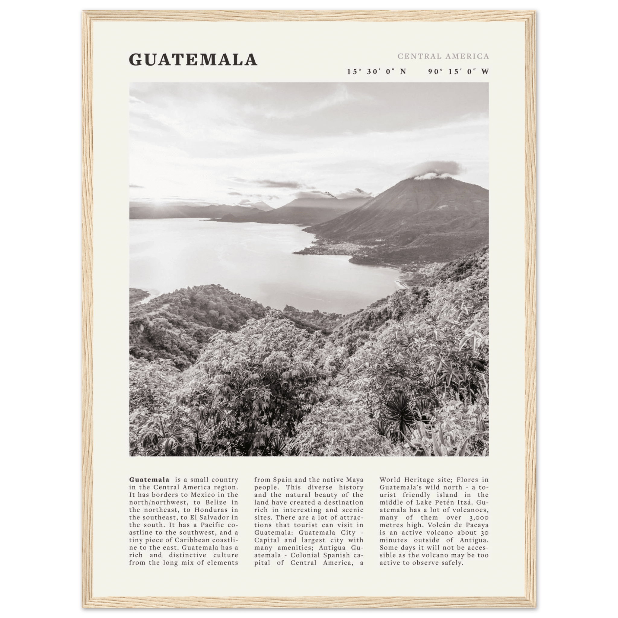 Guatemala Poster | Black & White Lake Atitlan Wall Art | Central America Travel Print - Evergreen Posters