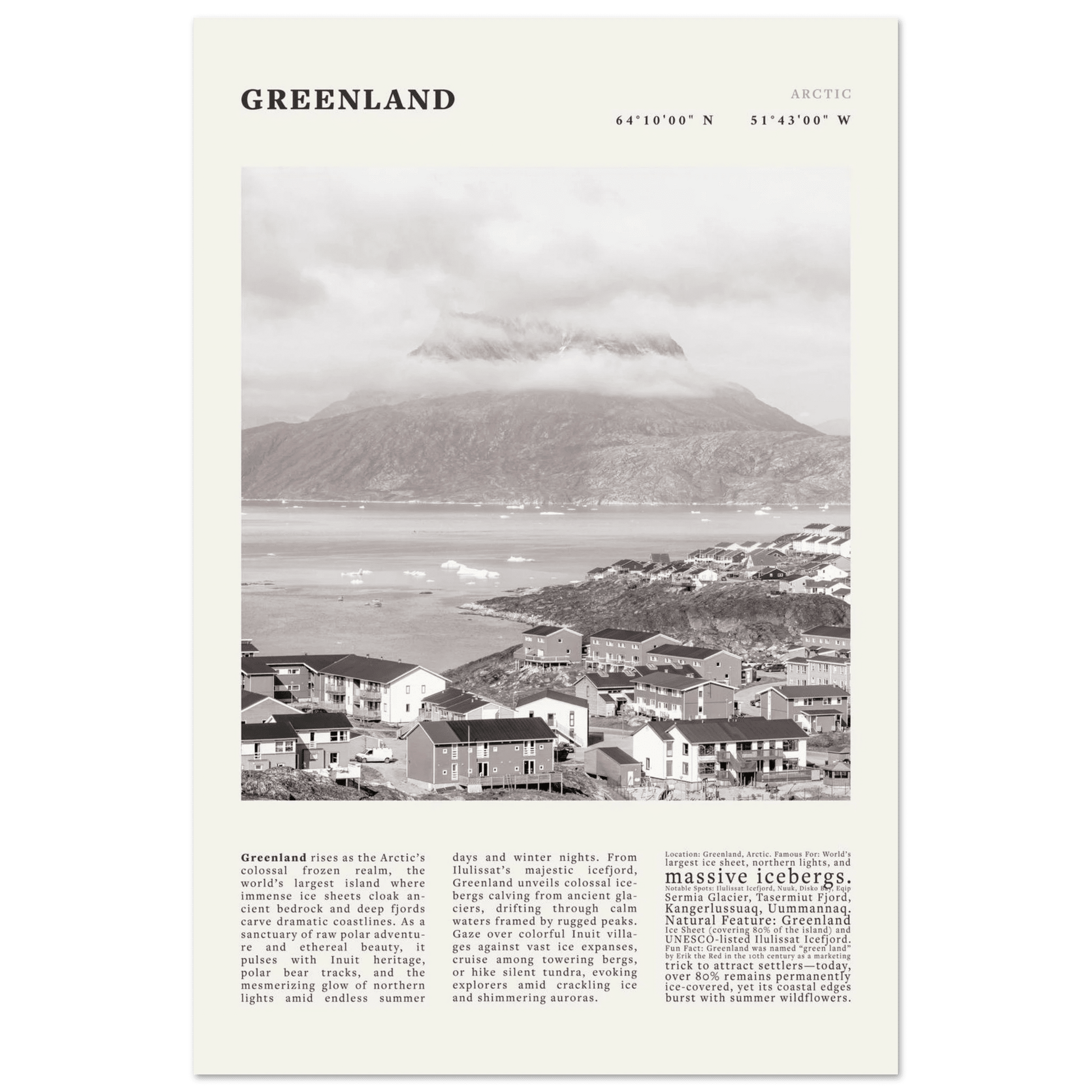 Greenland Poster Black and White – Vintage Arctic Fjord Landscape Print (Digital & Printed Options) - Evergreen Posters
