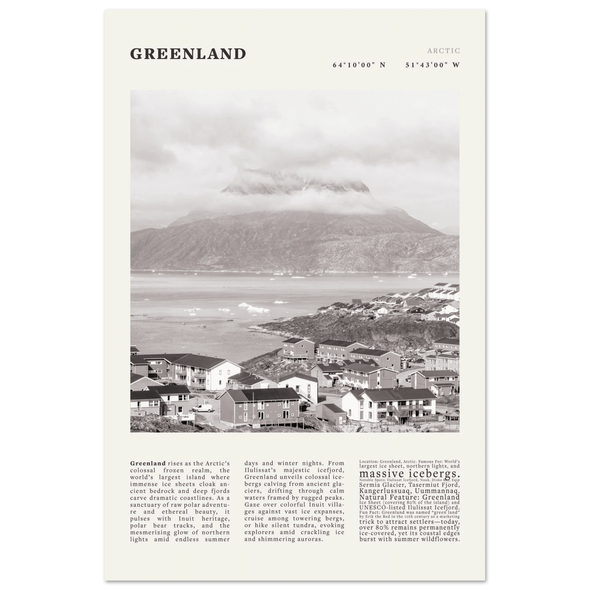 Greenland Poster Black and White – Vintage Arctic Fjord Landscape Print (Digital & Printed Options) - Evergreen Posters