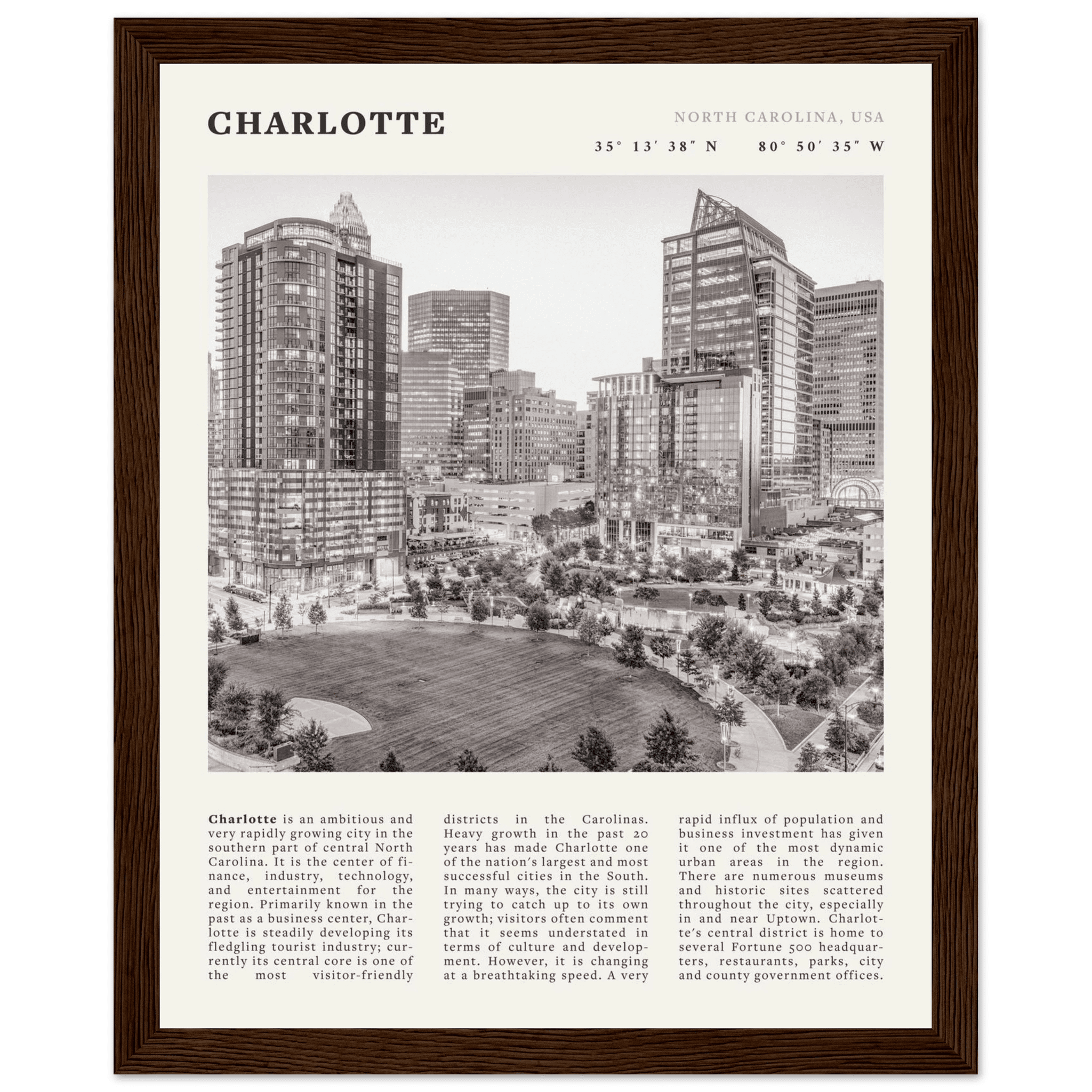 Charlotte Poster | Black & White North Carolina Skyline Wall Art | NC Travel Print - Evergreen Posters