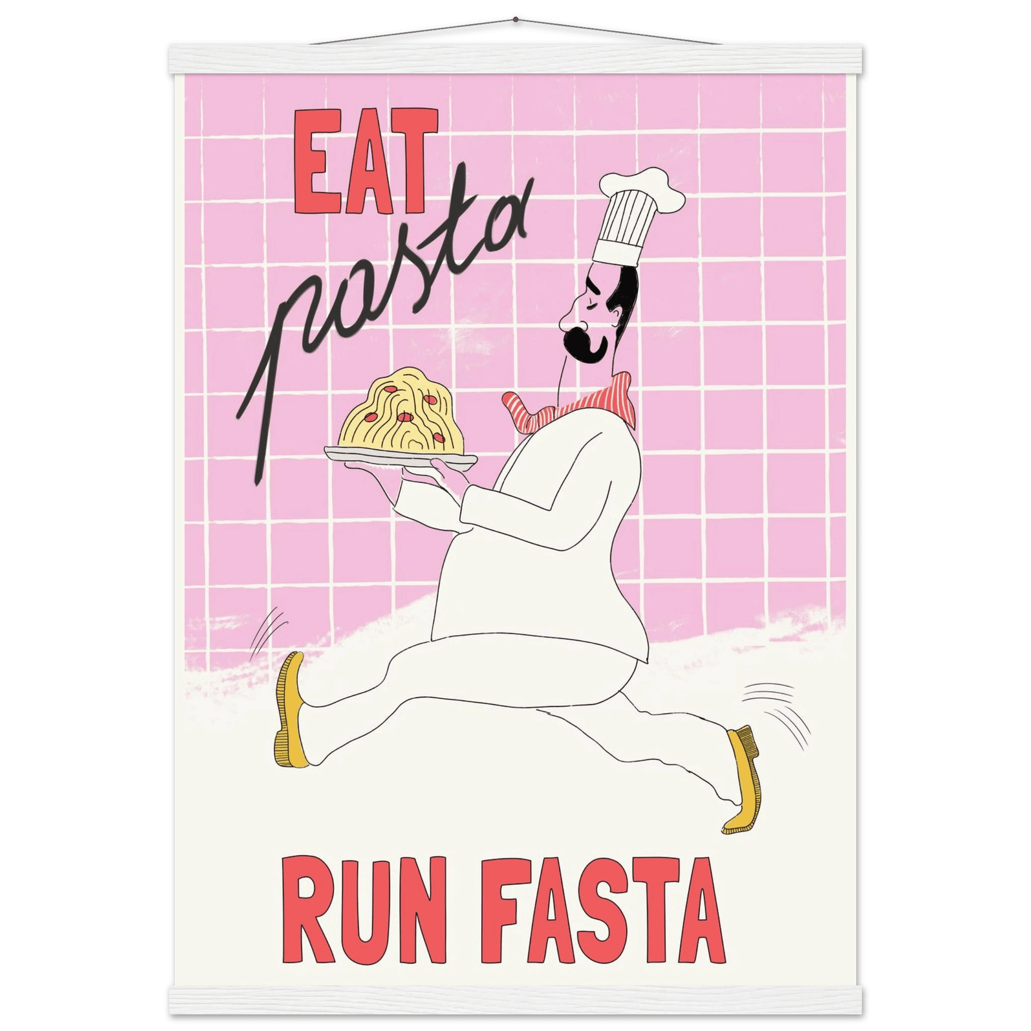 Eat Pasta Run Fasta Poster – Playful Kitchen Wall Art Print (Light Pink) - Evergreen Posters