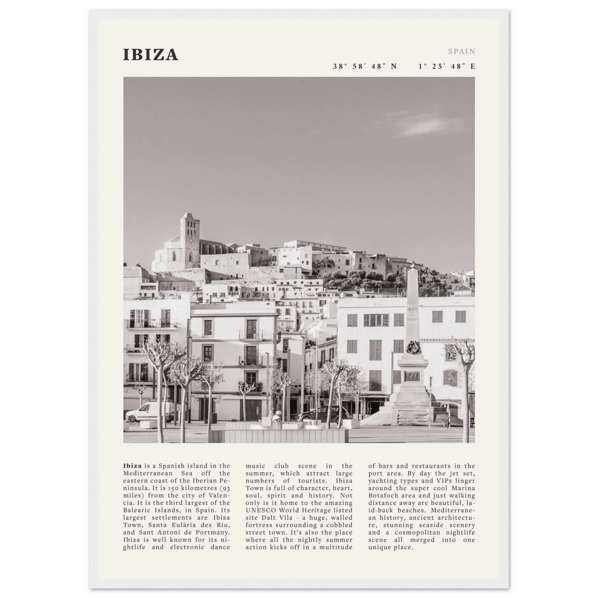 Ibiza Poster | Black & White Spanish Island Wall Art | Spain Travel Print - Evergreen Posters