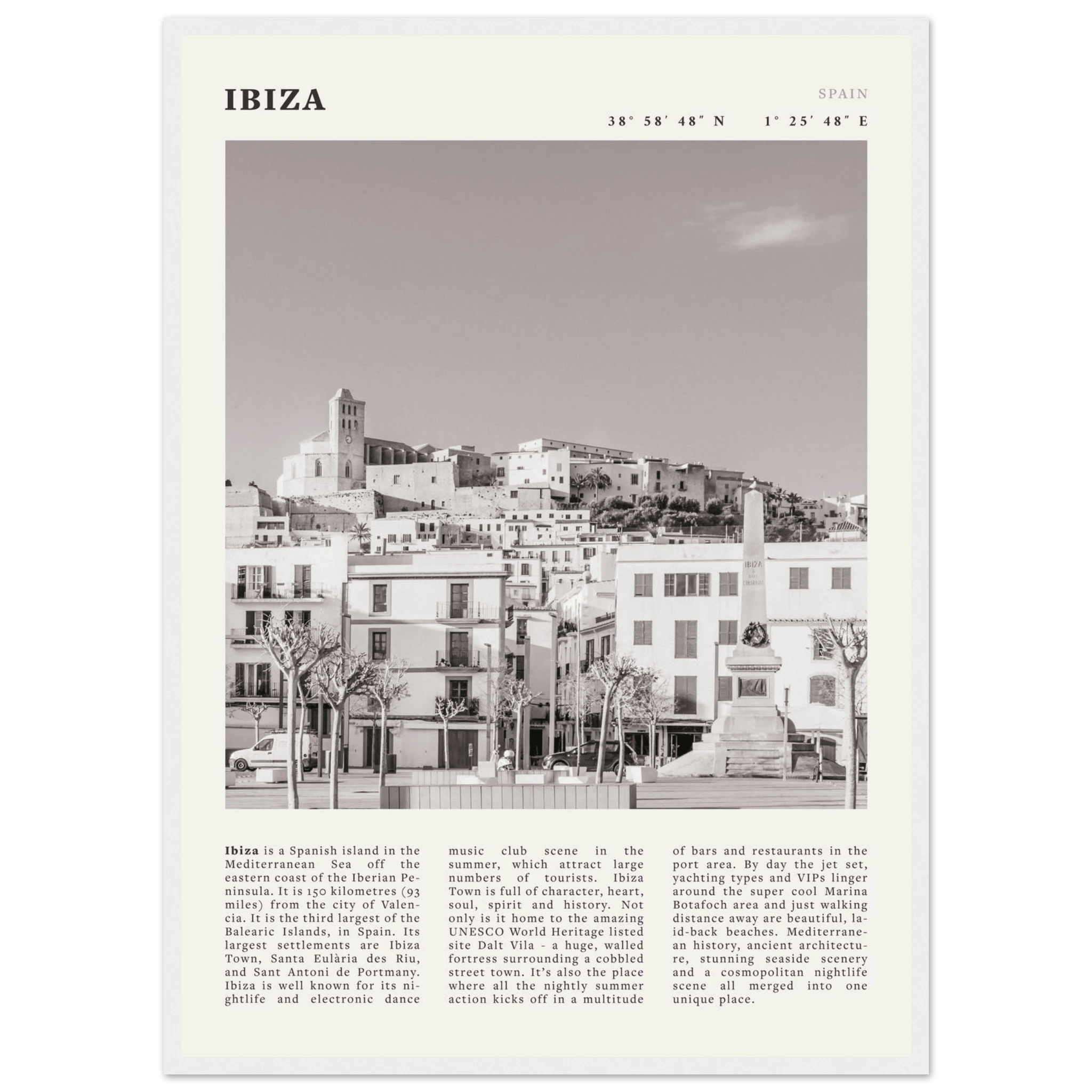 Ibiza Poster | Black & White Spanish Island Wall Art | Spain Travel Print - Evergreen Posters