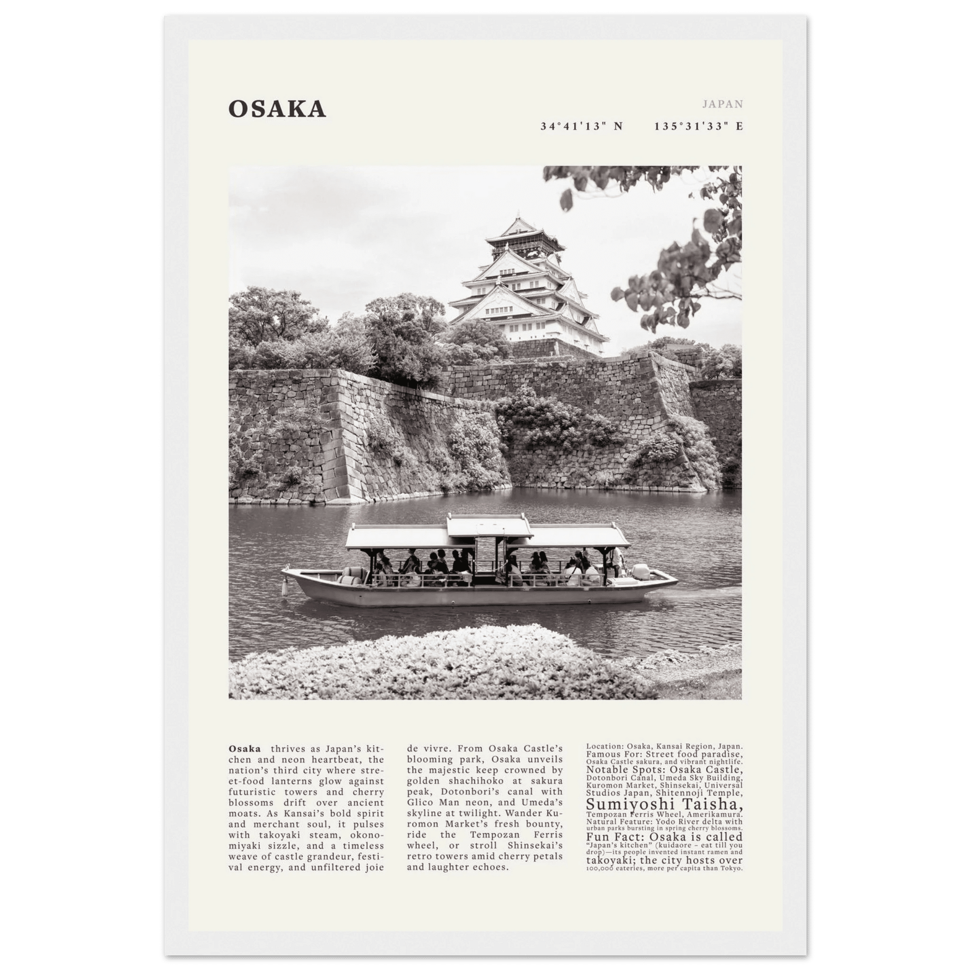 Osaka Poster Black and White – Vintage Osaka Castle Cherry Blossom Print (Digital & Printed Options) - Evergreen Posters