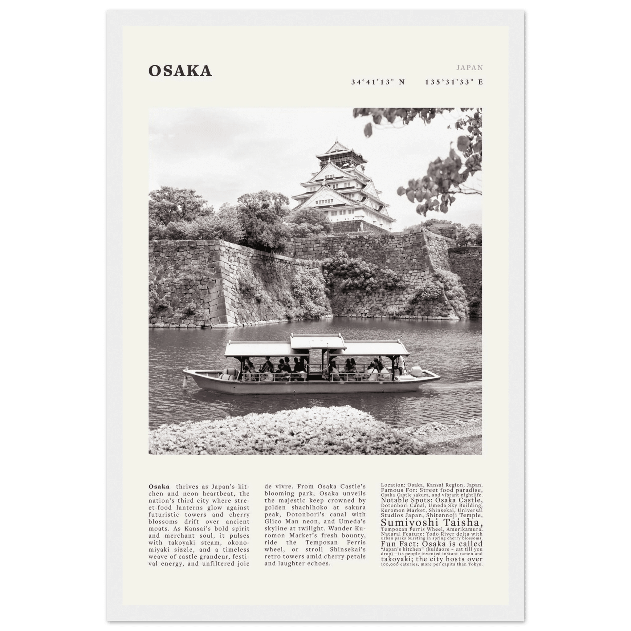 Osaka Poster Black and White – Vintage Osaka Castle Cherry Blossom Print (Digital & Printed Options) - Evergreen Posters