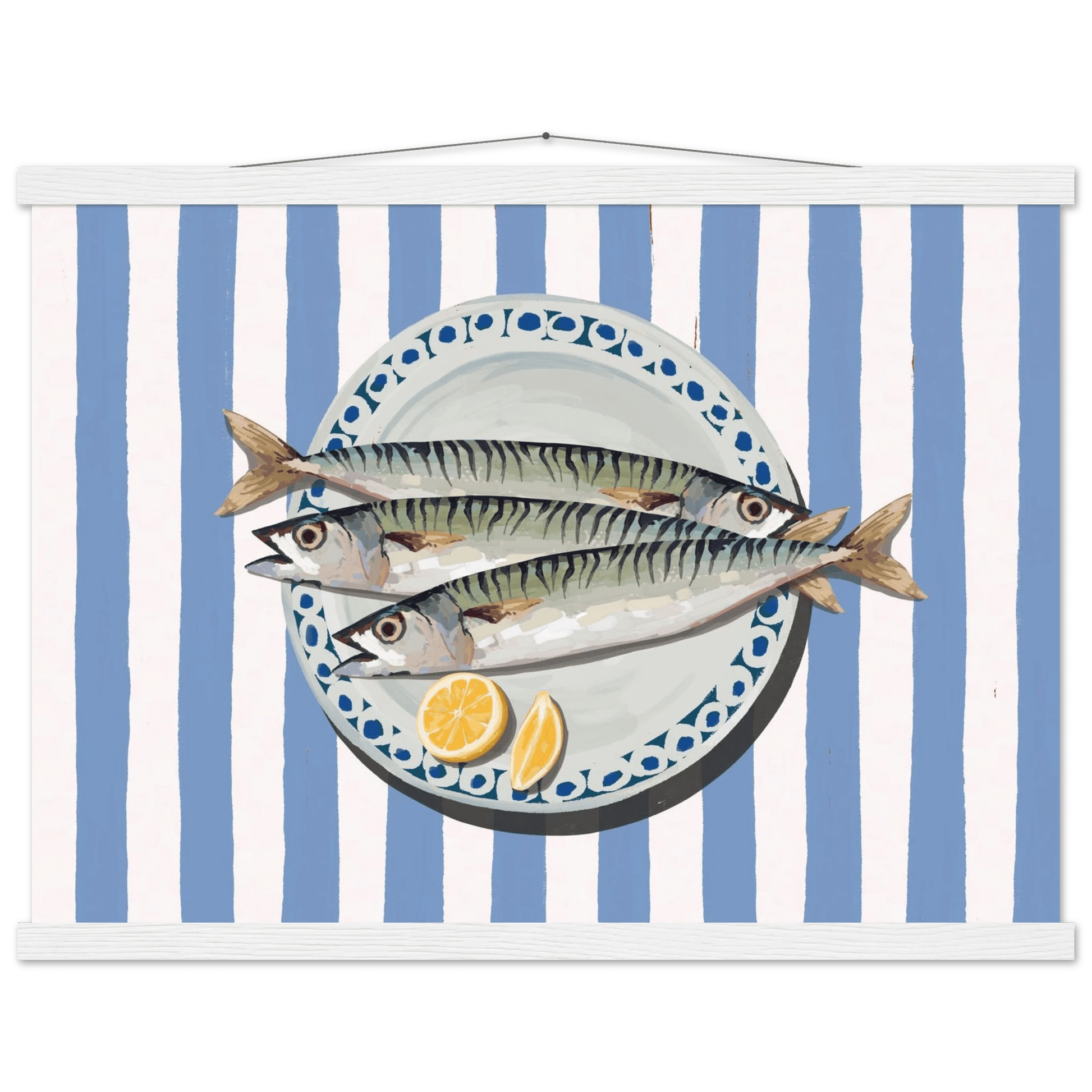 Sardines Print | Blue Stripe Fish Kitchen Wall Art | Coastal Food Poster - Evergreen Posters