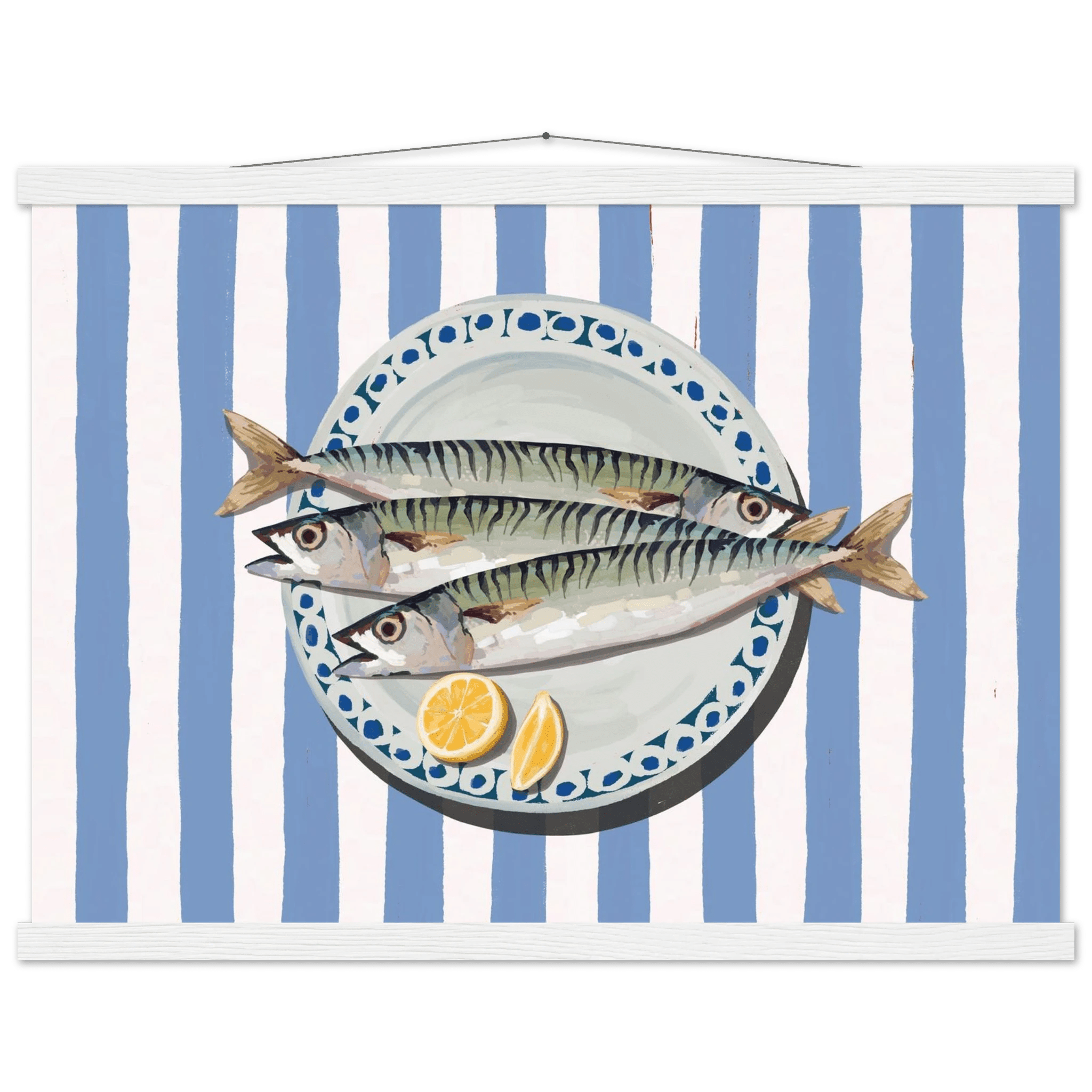 Sardines Print | Blue Stripe Fish Kitchen Wall Art | Coastal Food Poster - Evergreen Posters