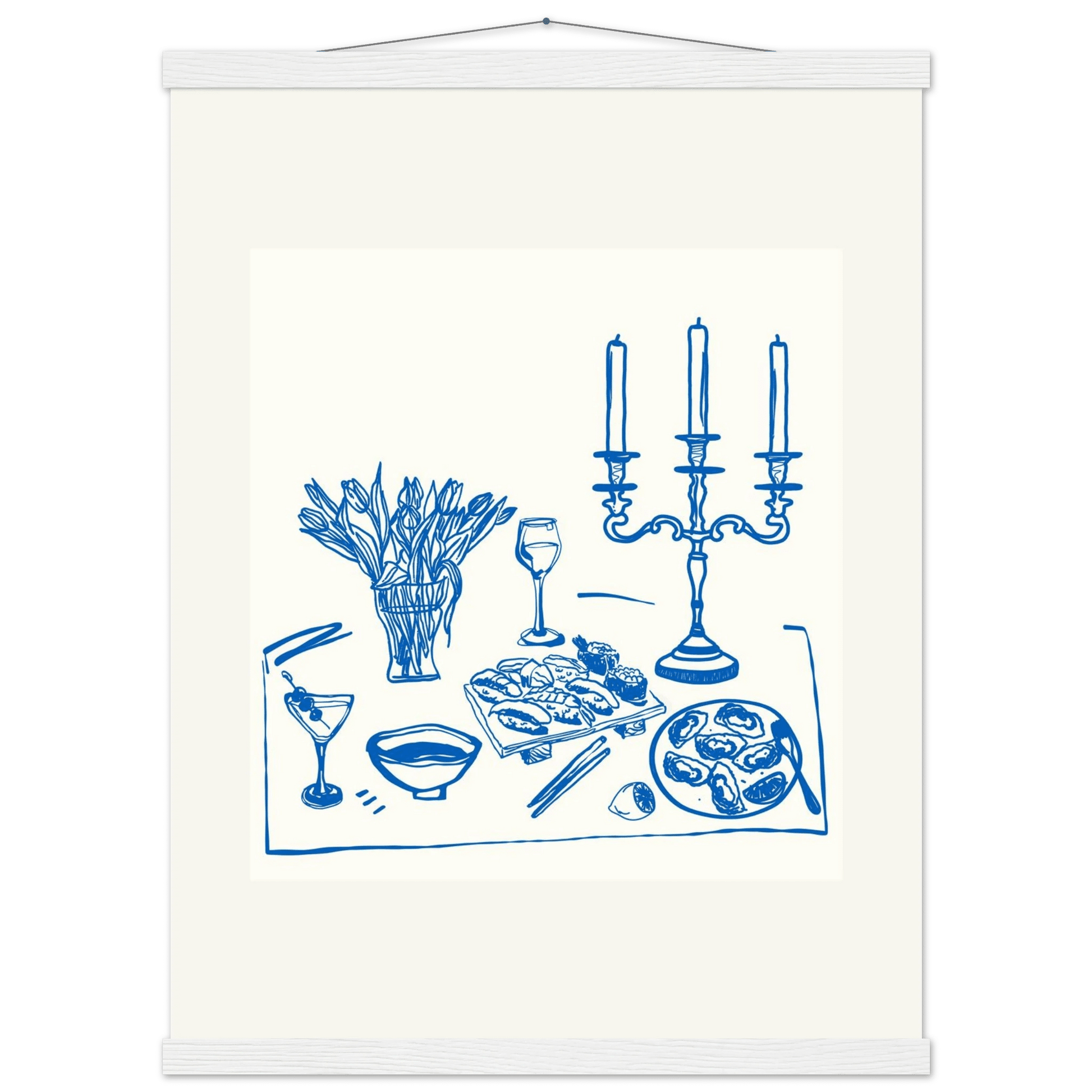 Fine Dining Table Print | Blue Line Art Kitchen Wall Art | Elegant Dining Room Poster - Evergreen Posters