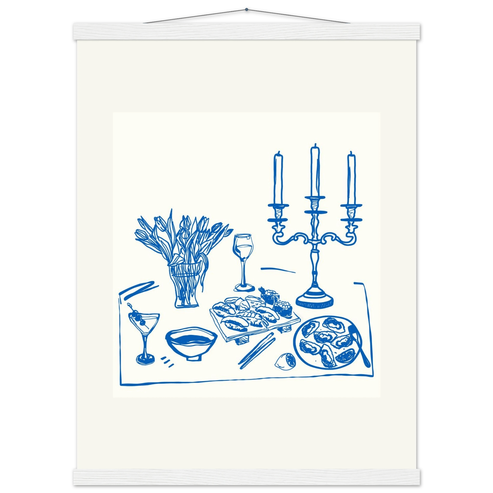 Fine Dining Table Print | Blue Line Art Kitchen Wall Art | Elegant Dining Room Poster - Evergreen Posters