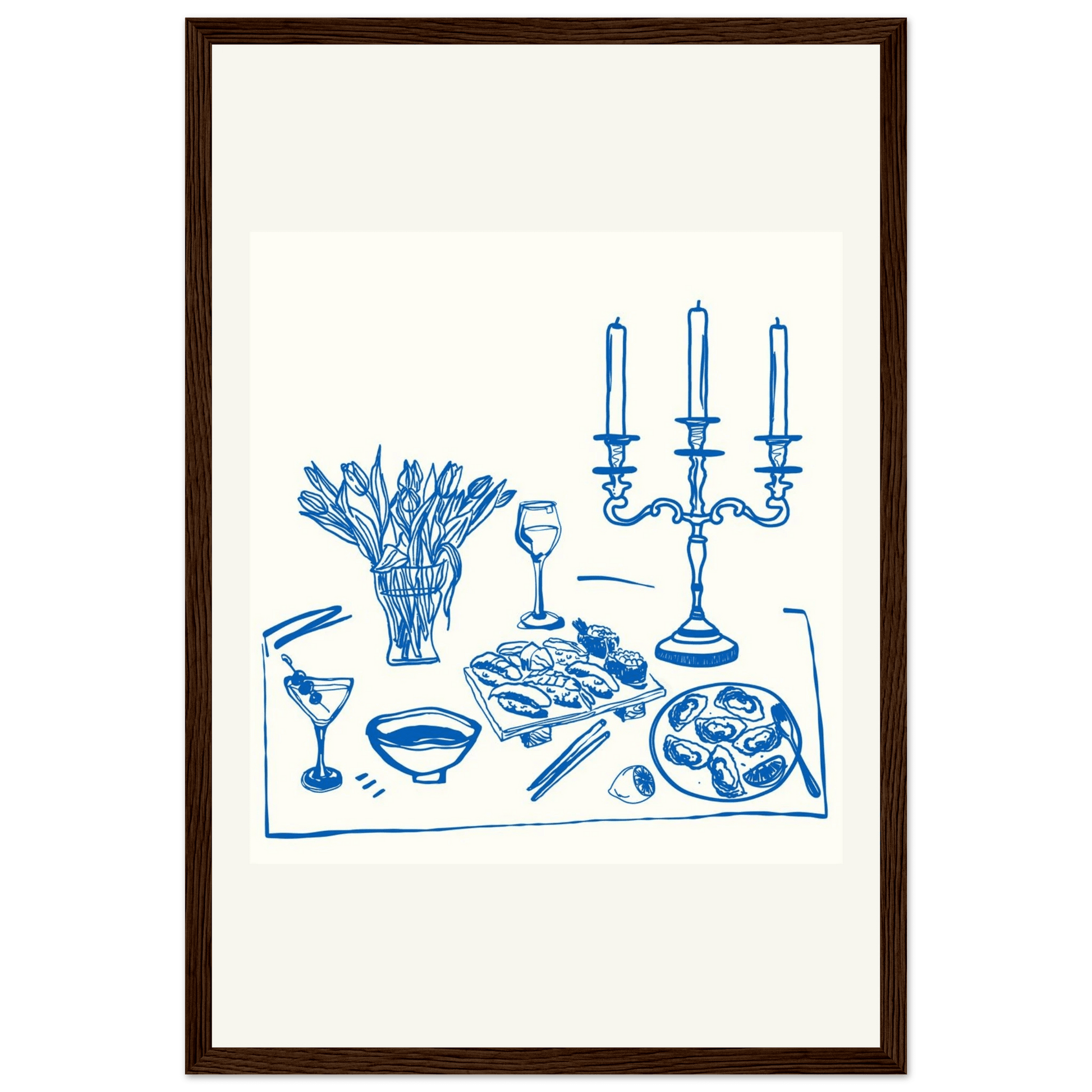 Fine Dining Table Print | Blue Line Art Kitchen Wall Art | Elegant Dining Room Poster - Evergreen Posters