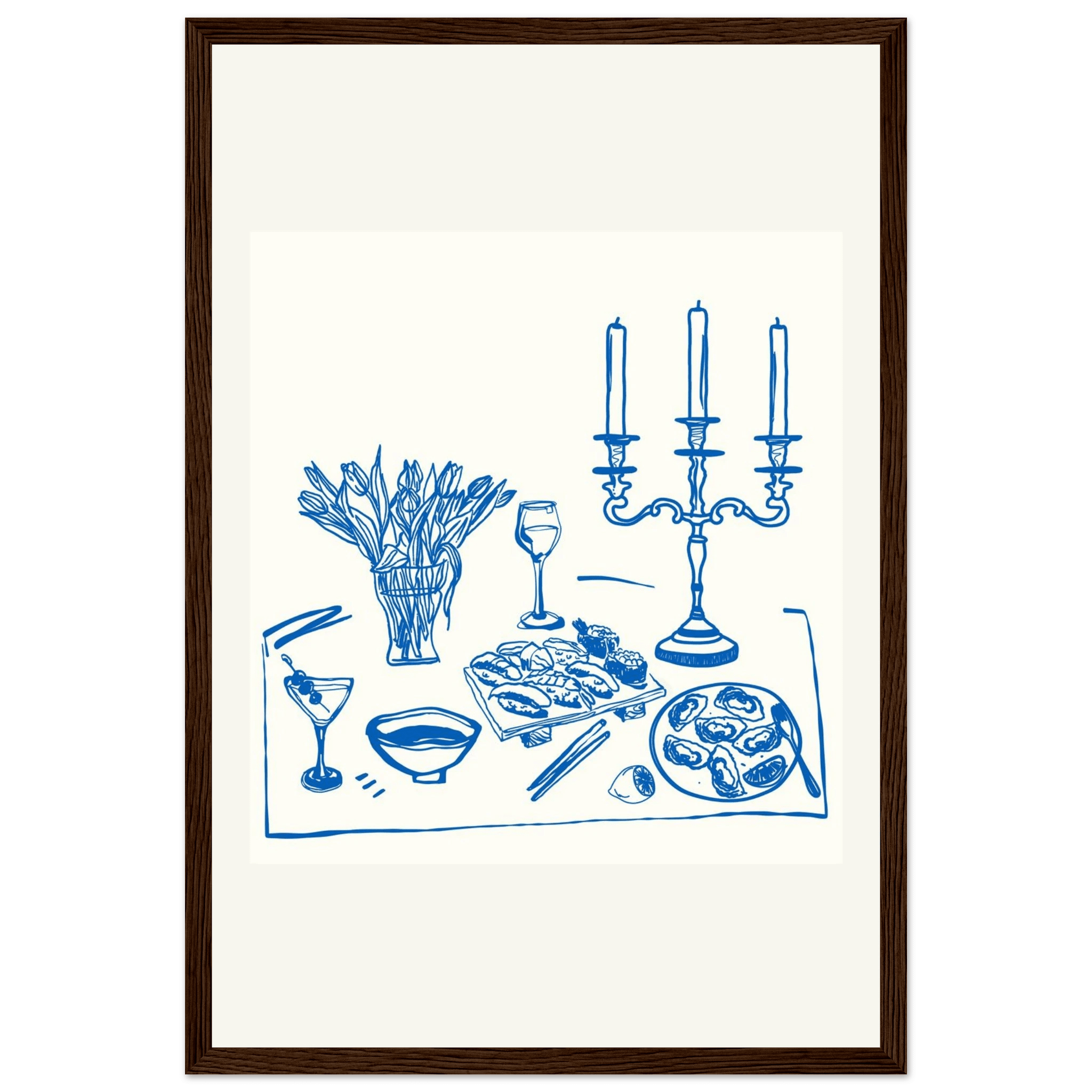 Fine Dining Table Print | Blue Line Art Kitchen Wall Art | Elegant Dining Room Poster - Evergreen Posters