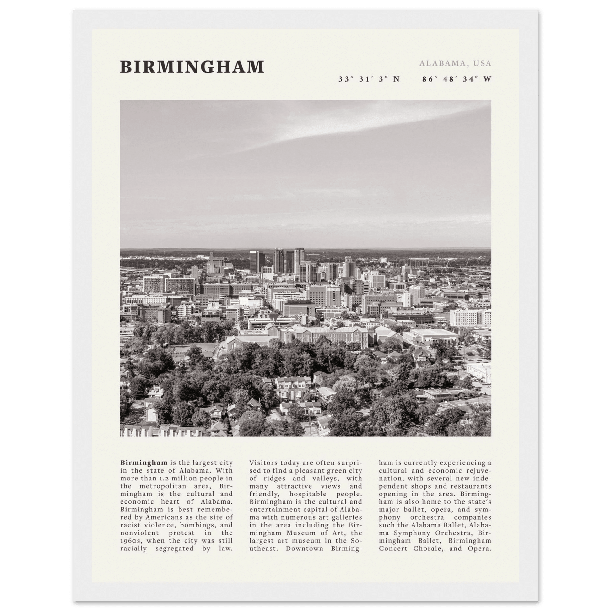 Birmingham Poster | Black & White Alabama Skyline Wall Art | AL Travel Print - Evergreen Posters