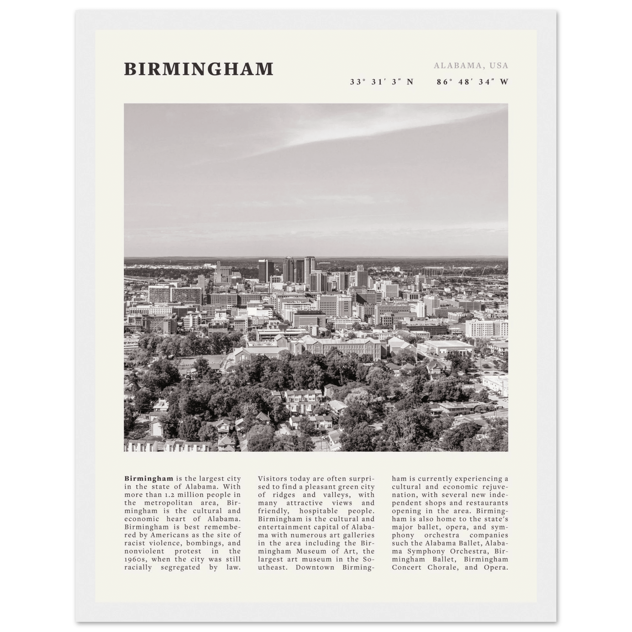 Birmingham Poster | Black & White Alabama Skyline Wall Art | AL Travel Print - Evergreen Posters