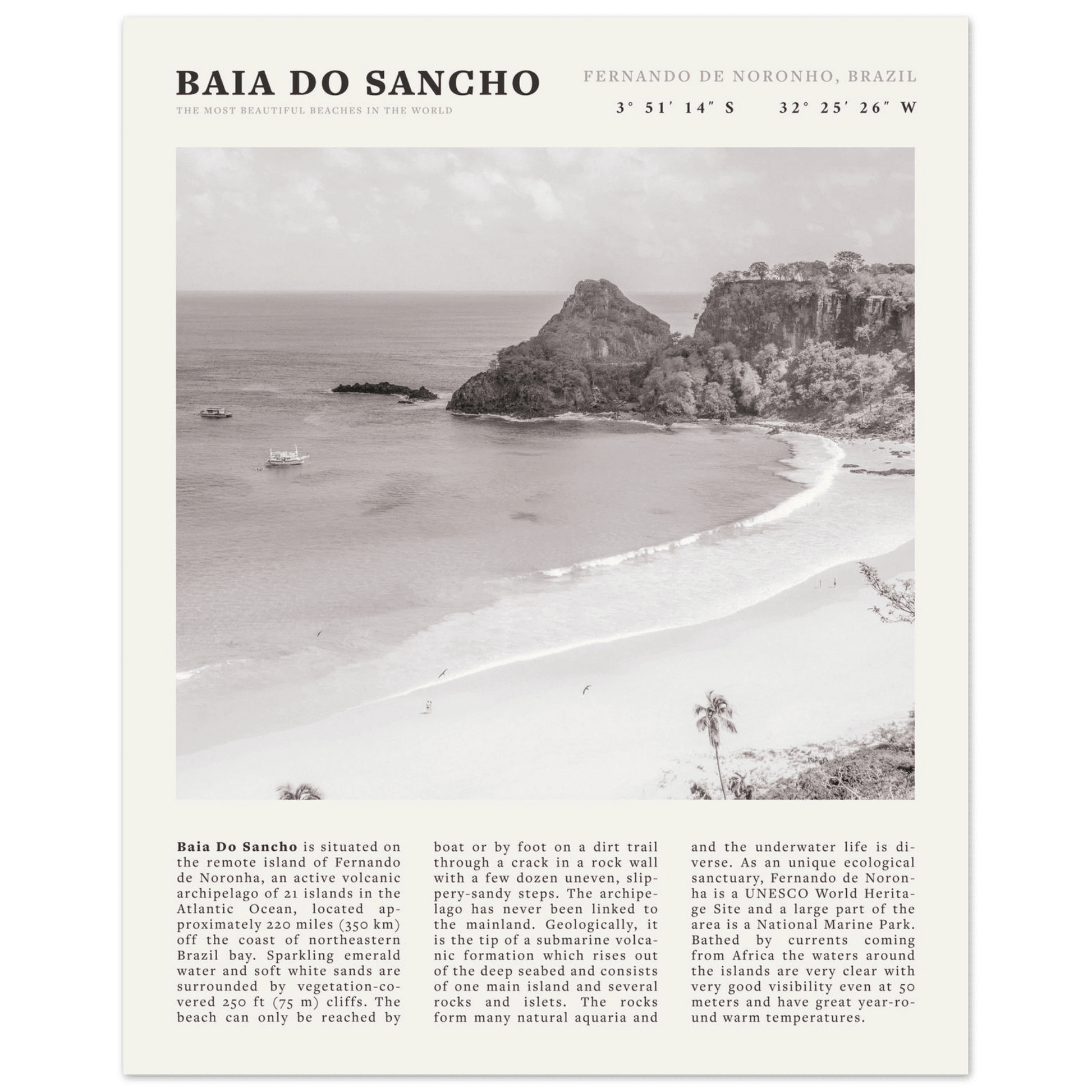 Baia Do Sancho Poster | Black & White Brazil Beach Wall Art | Fernando de Noronha - Evergreen Posters