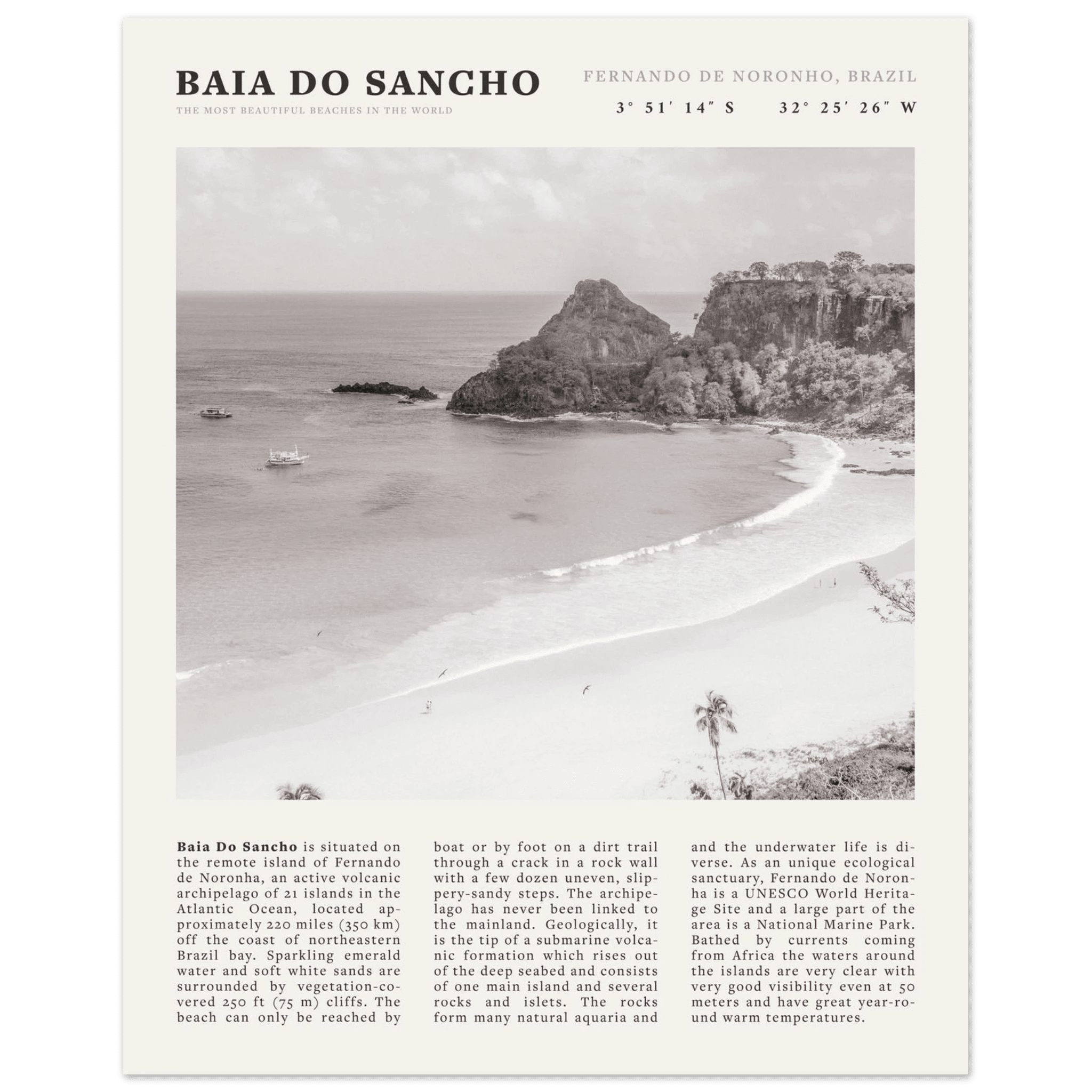Baia Do Sancho Poster | Black & White Brazil Beach Wall Art | Fernando de Noronha - Evergreen Posters
