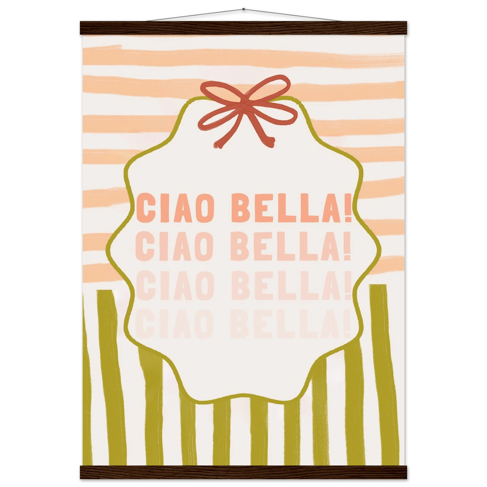 Ciao Bella Poster | Italian Typography Wall Art | Retro Stripe Bow Print | Cute Room Decor - Evergreen Posters