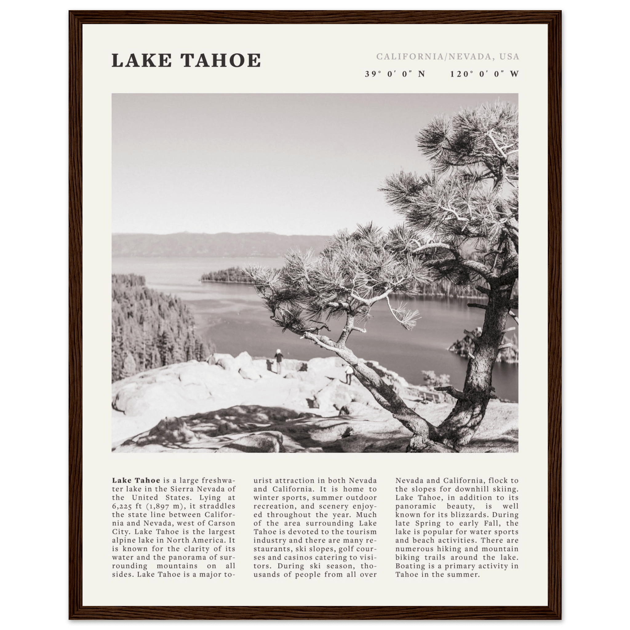 Lake Tahoe Poster | Black & White California Nevada Wall Art | Nature Travel Print Decor - Evergreen Posters