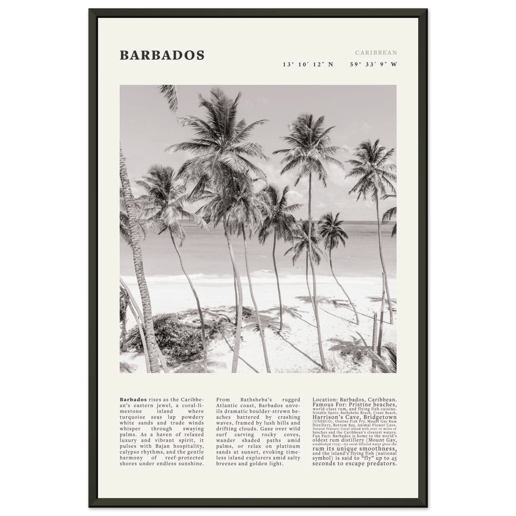 Barbados Poster Black and White – Vintage Caribbean Palm Beach Print (Digital & Printed Options) - Evergreen Posters