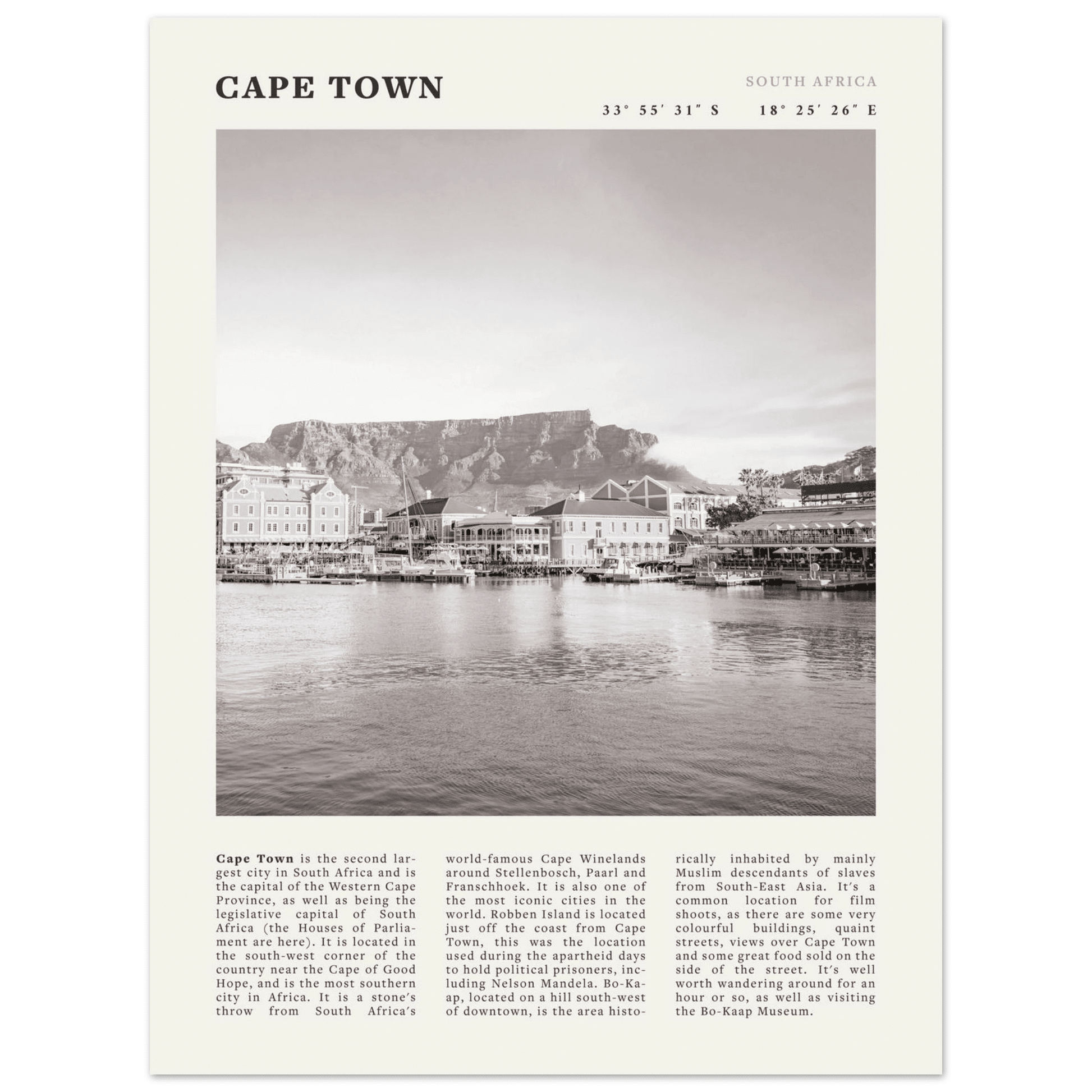 Cape Town Poster | Black & White Table Mountain Wall Art | South Africa Travel Print - Evergreen Posters