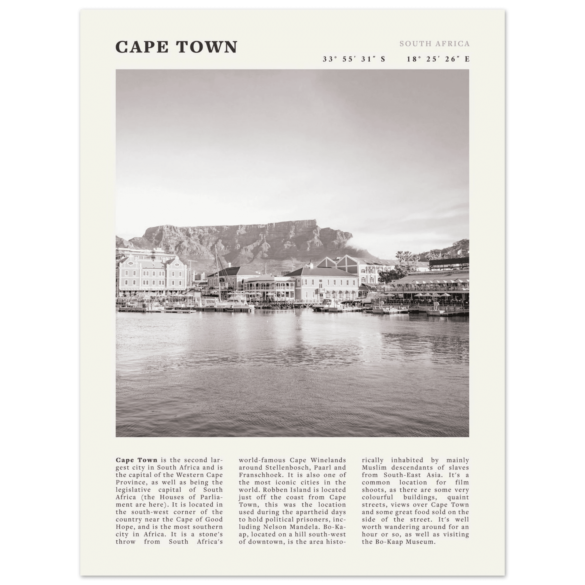 Cape Town Poster | Black & White Table Mountain Wall Art | South Africa Travel Print - Evergreen Posters