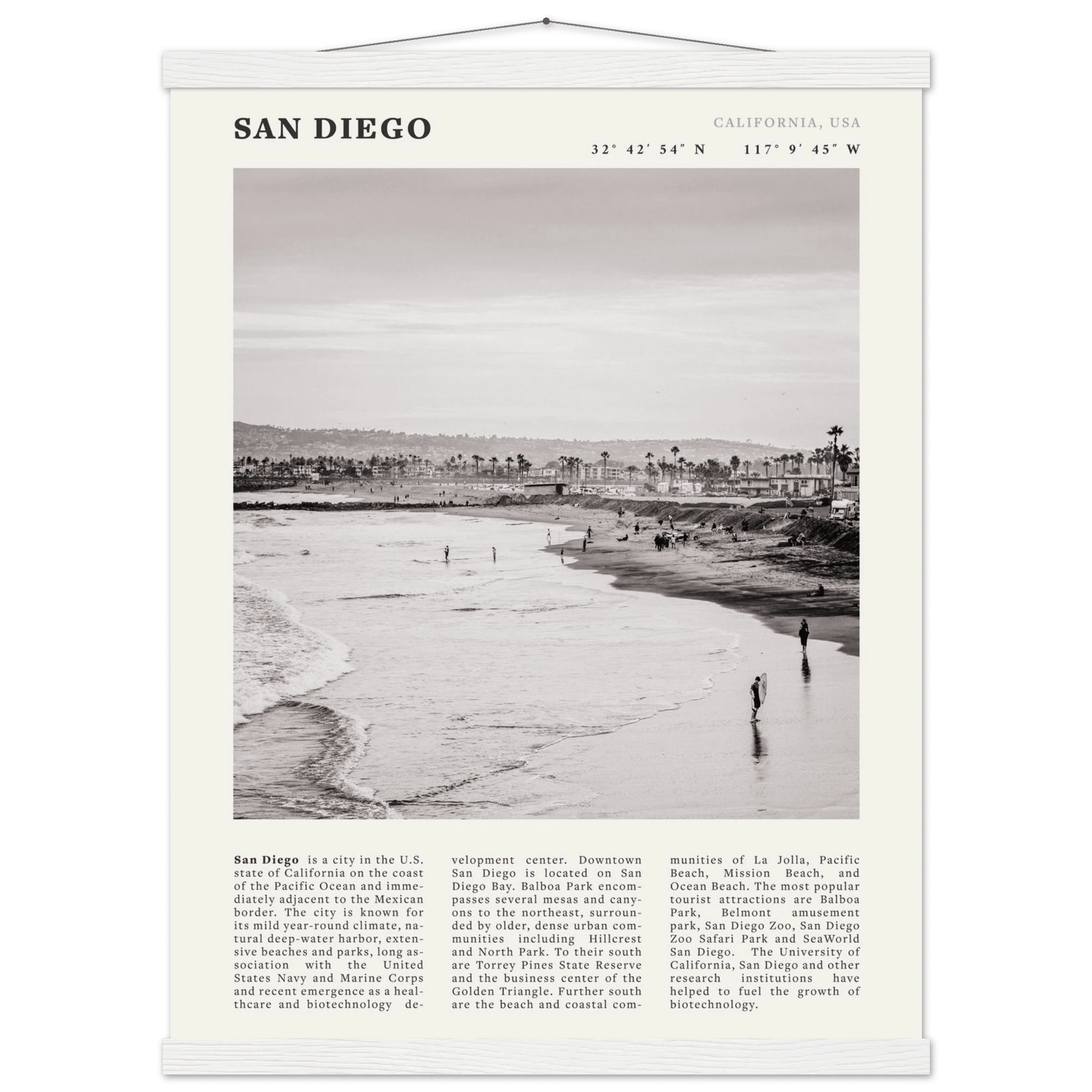 San Diego Poster | Black & White California Beach Wall Art | Coastal Travel Print Decor - Evergreen Posters