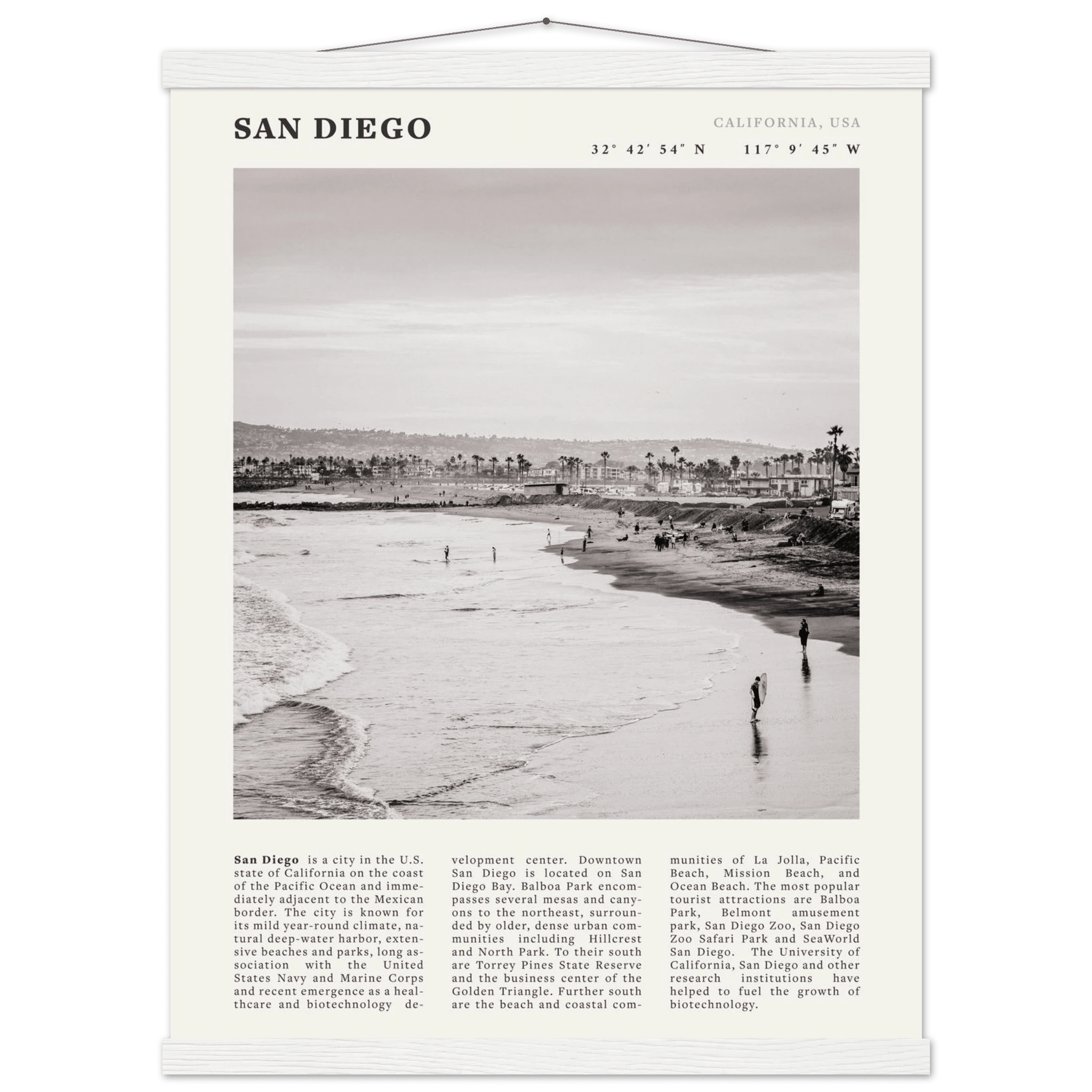 San Diego Poster | Black & White California Beach Wall Art | Coastal Travel Print Decor - Evergreen Posters