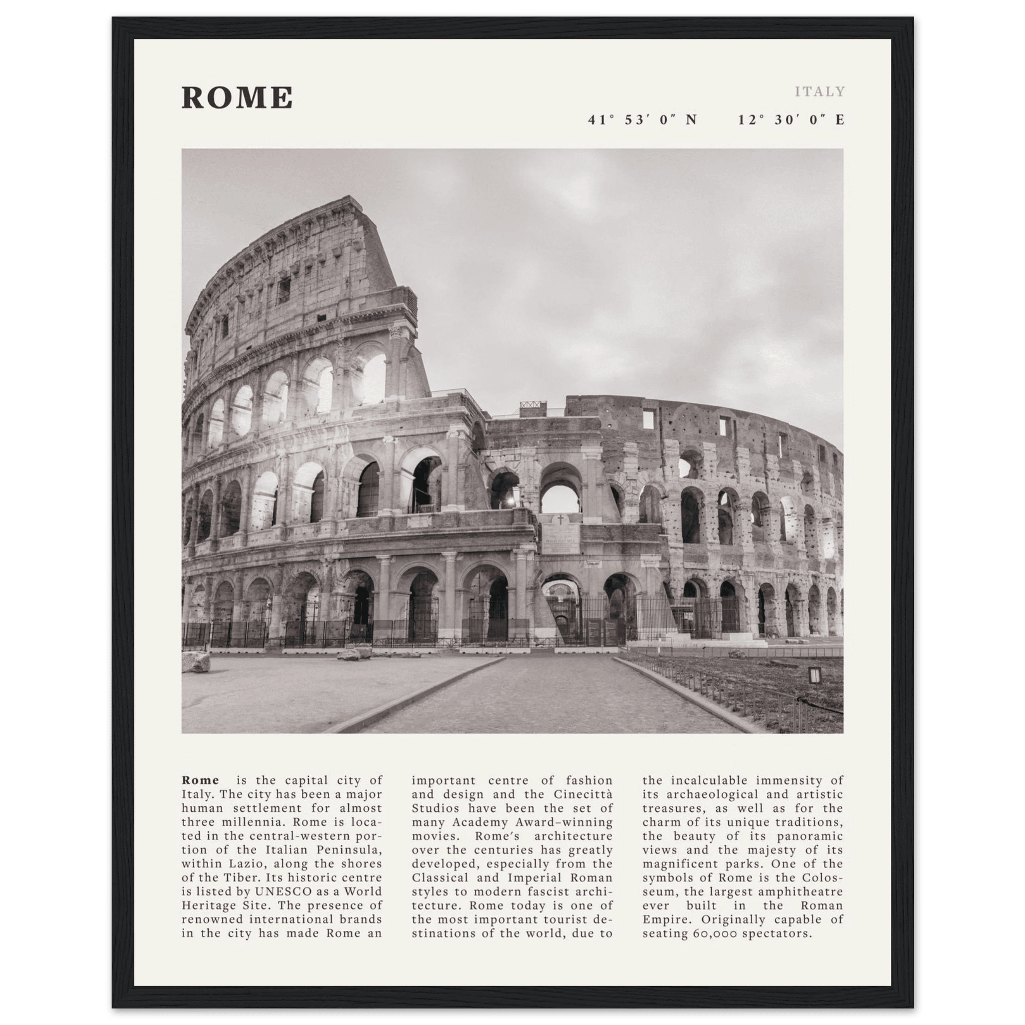 Rome Poster | Black & White Colosseum Wall Art | Italy Travel Print | Roman Decor - Evergreen Posters