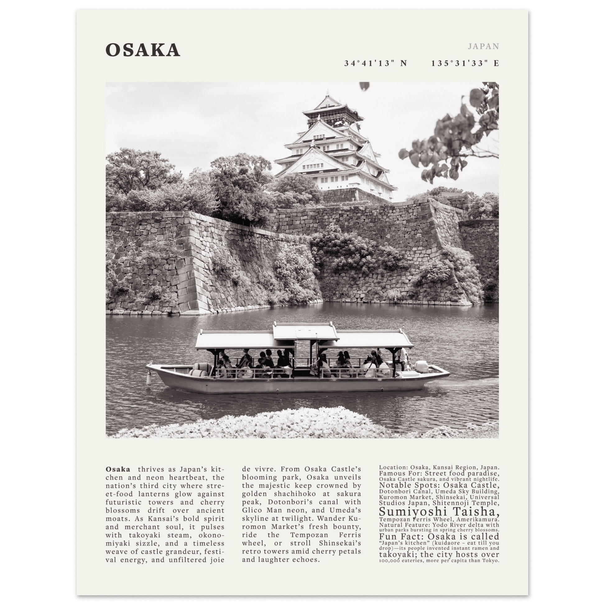Osaka Poster Black and White – Vintage Osaka Castle Cherry Blossom Print (Digital & Printed Options) - Evergreen Posters