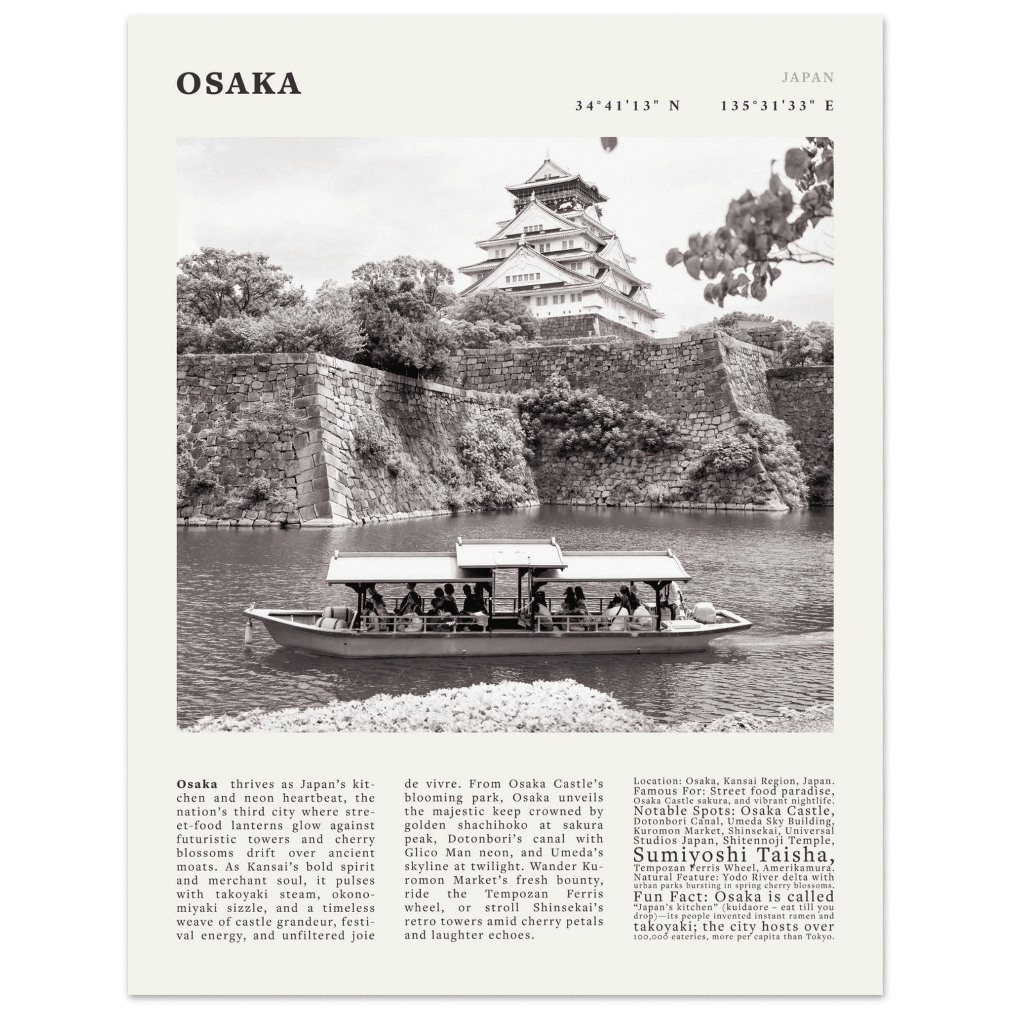 Osaka Poster Black and White – Vintage Osaka Castle Cherry Blossom Print (Digital & Printed Options) - Evergreen Posters