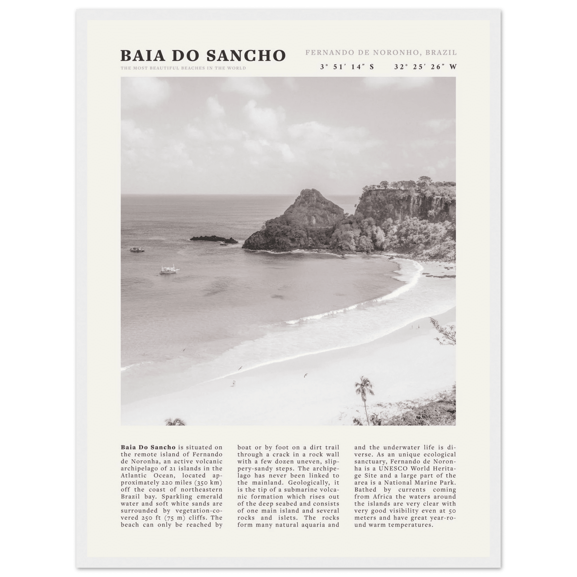Baia Do Sancho Poster | Black & White Brazil Beach Wall Art | Fernando de Noronha - Evergreen Posters
