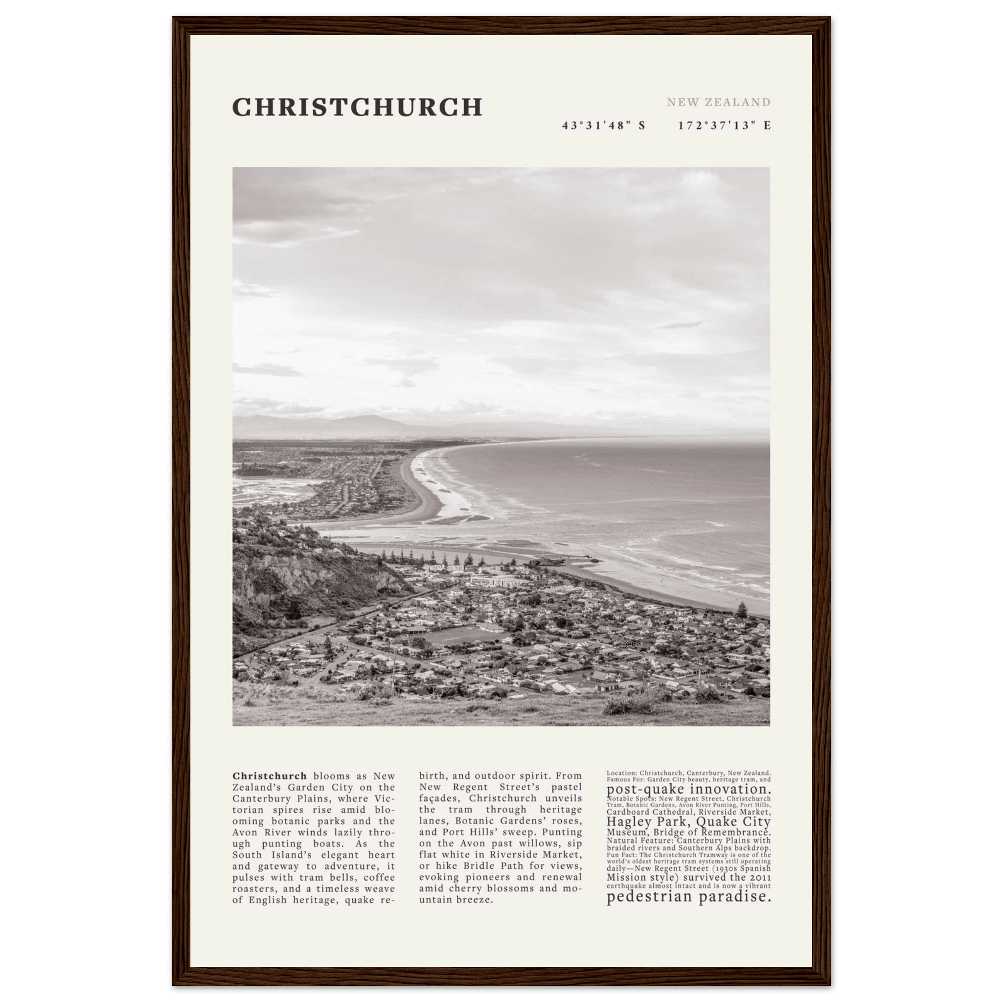 Christchurch New Zealand Poster Black and White – Vintage Garden City Panorama Print - Evergreen Posters