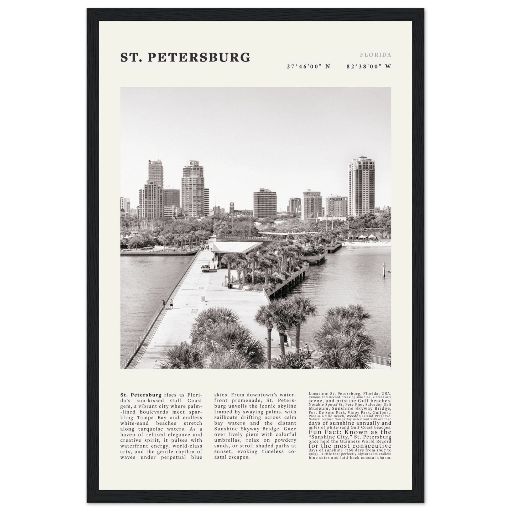 St. Petersburg Florida Poster Black and White – Vintage St Pete Skyline Print (Digital & Printed Options) - Evergreen Posters