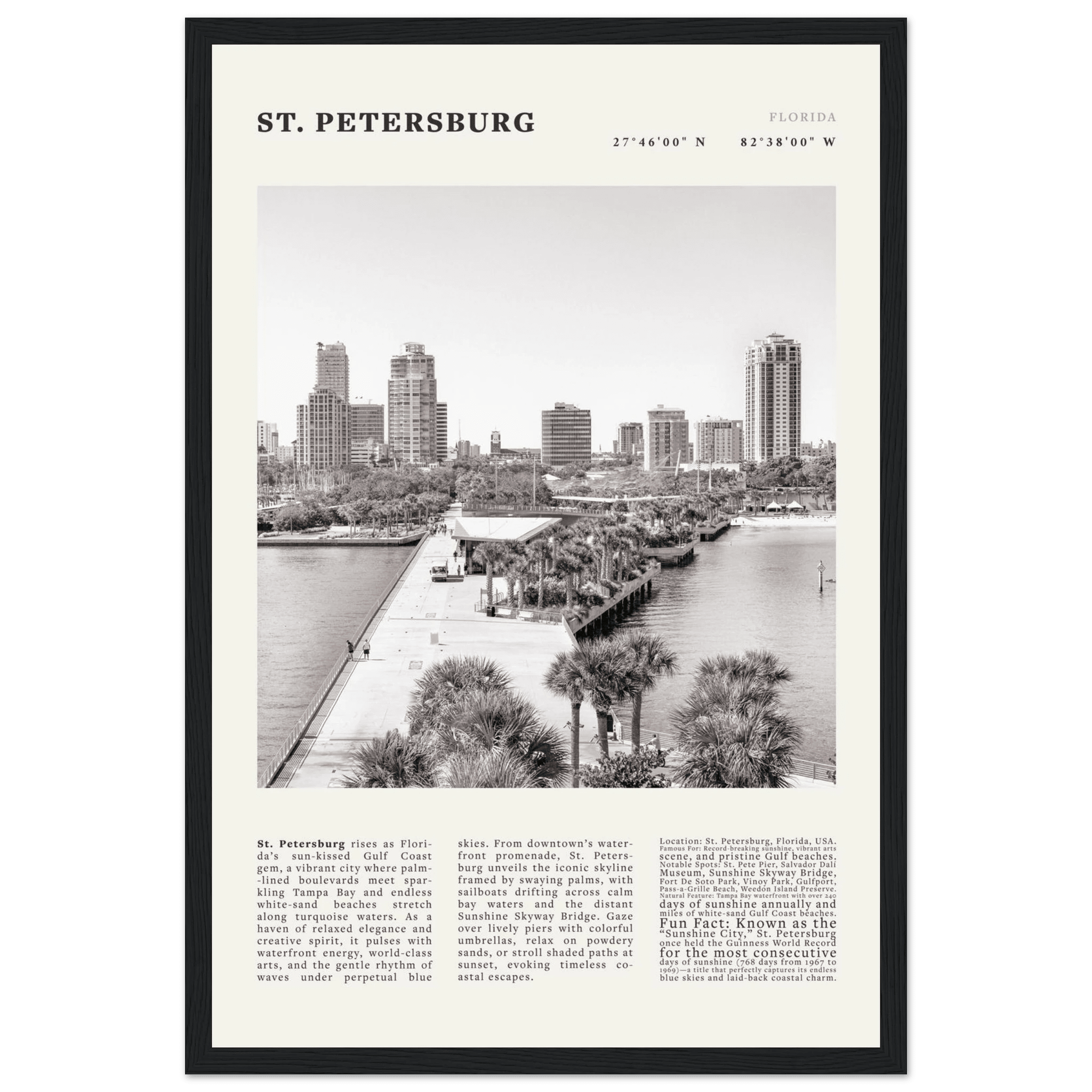 St. Petersburg Florida Poster Black and White – Vintage St Pete Skyline Print (Digital & Printed Options) - Evergreen Posters