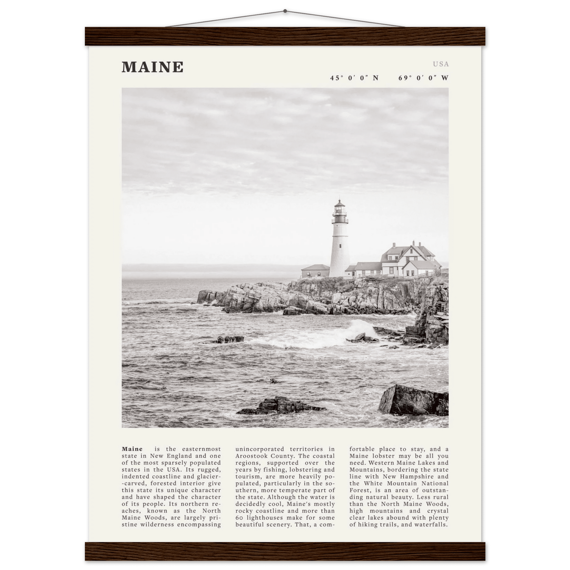 Maine Poster | Black & White Lighthouse Wall Art | New England Coastal Travel Print - Evergreen Posters