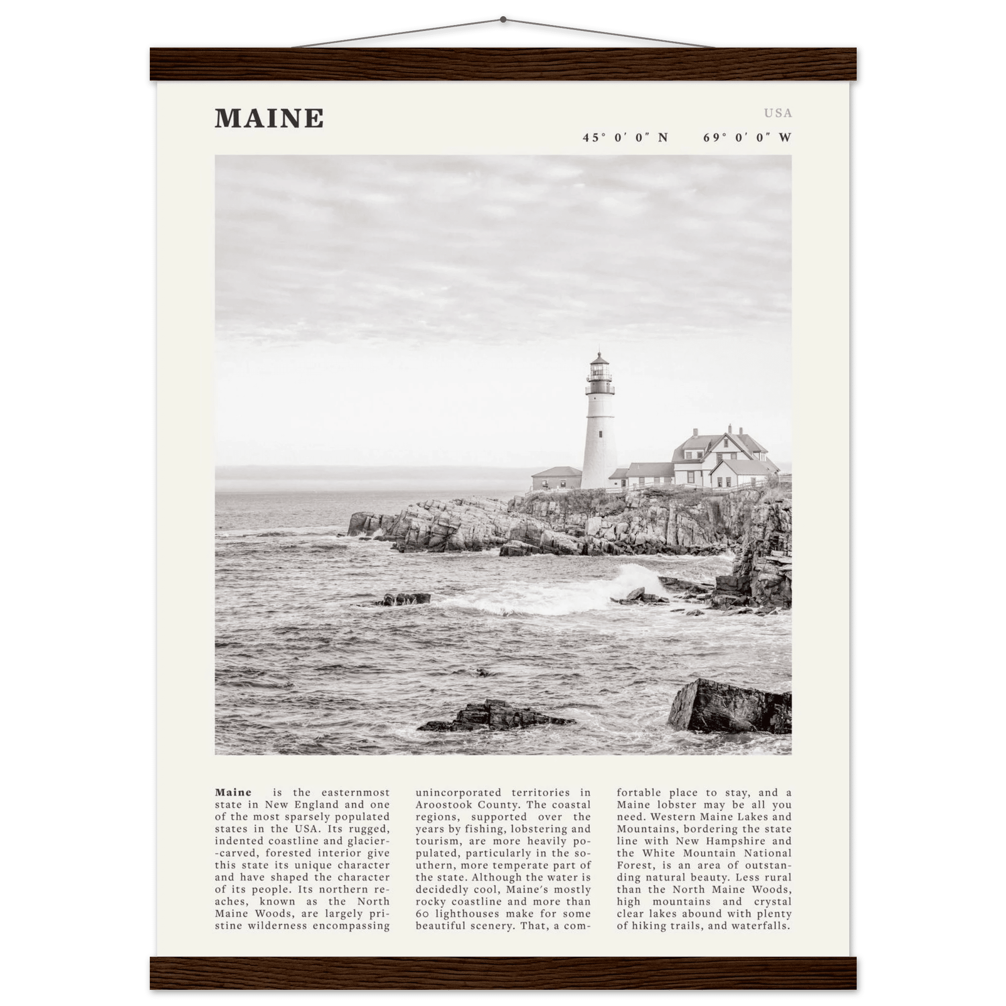 Maine Poster | Black & White Lighthouse Wall Art | New England Coastal Travel Print - Evergreen Posters