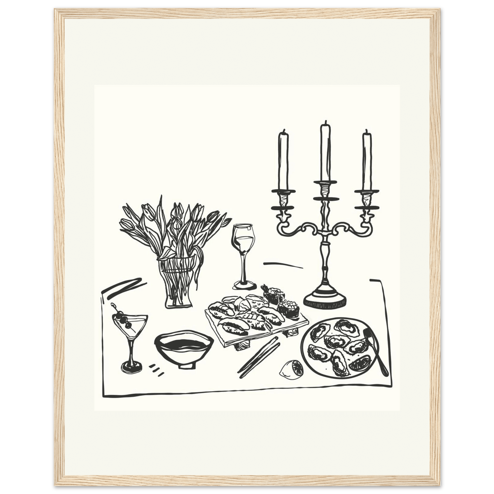 Fine Dining Table Print | Black Line Art Kitchen Wall Art | Elegant Dining Room Poster - Evergreen Posters