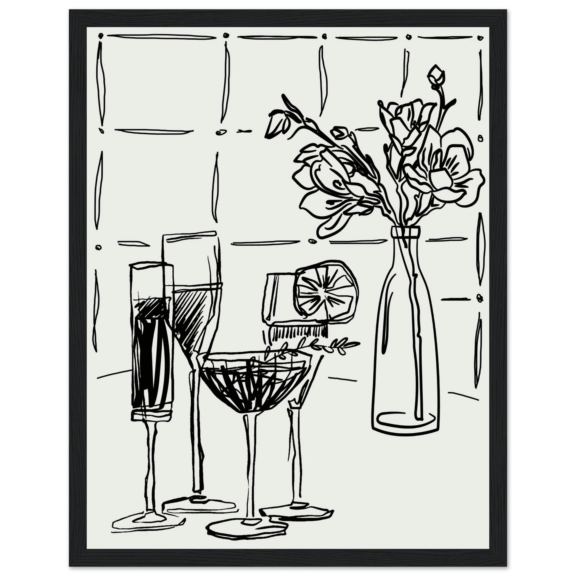 Cocktails & Flowers Print | Black Line Art Drinks Wall Art | Kitchen Bar Poster - Evergreen Posters
