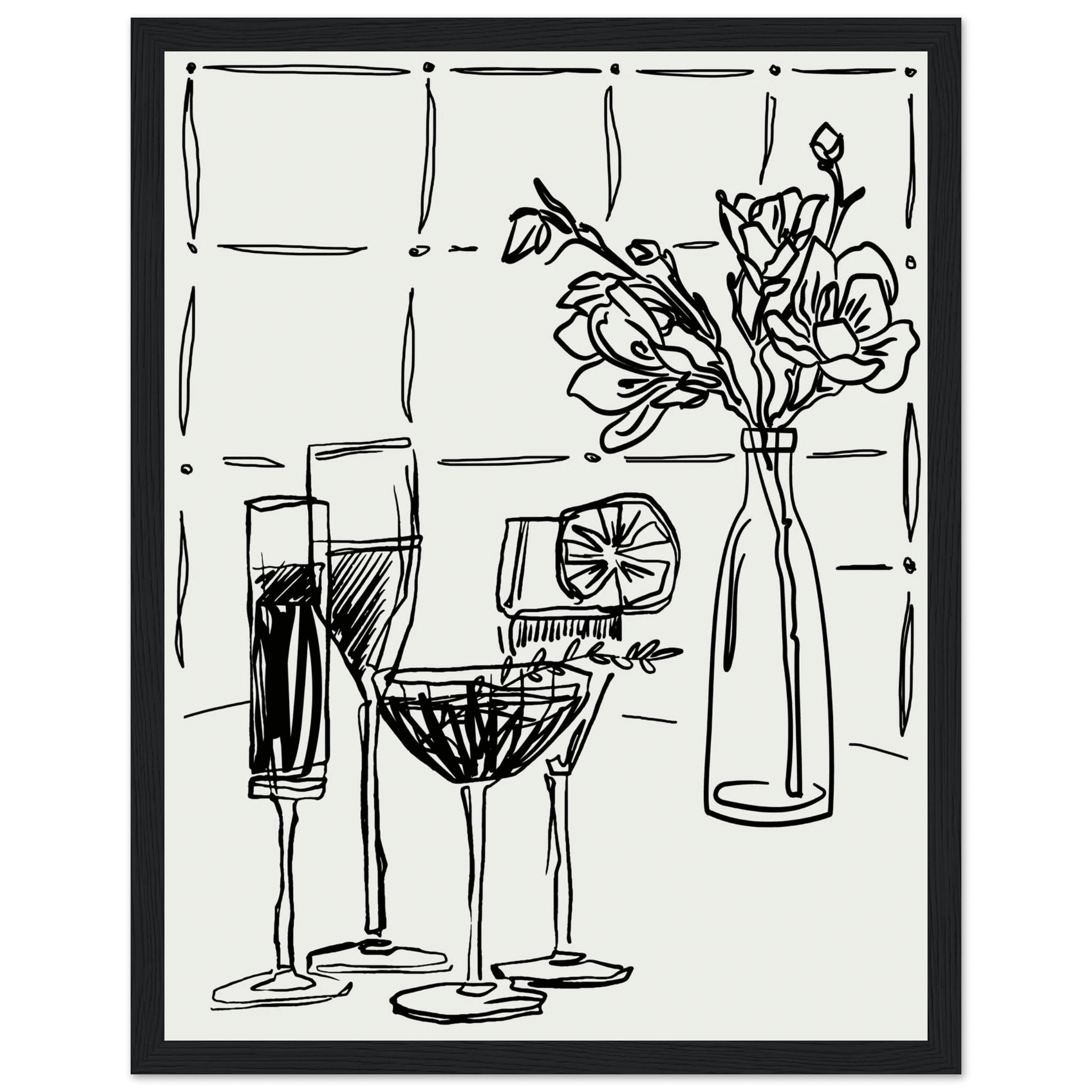 Cocktails & Flowers Print | Black Line Art Drinks Wall Art | Kitchen Bar Poster - Evergreen Posters
