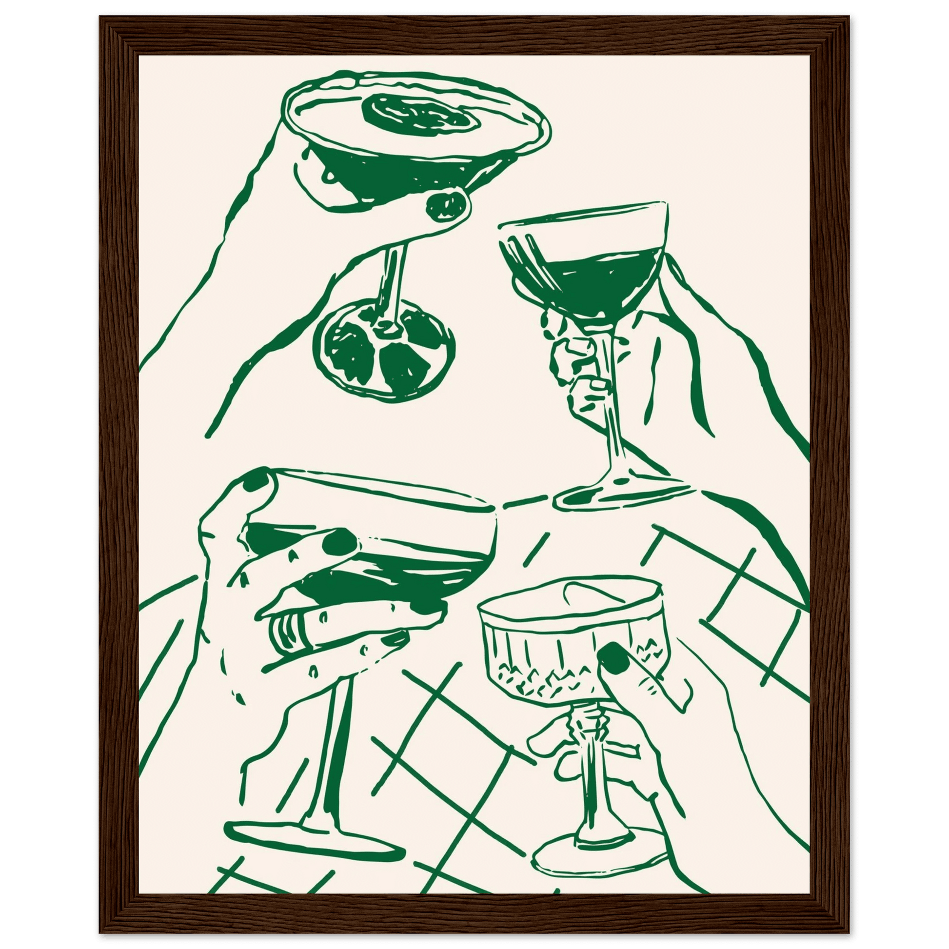 Cheers Print | Forest Green Cocktail Glasses Wall Art | Kitchen Bar Poster - Evergreen Posters