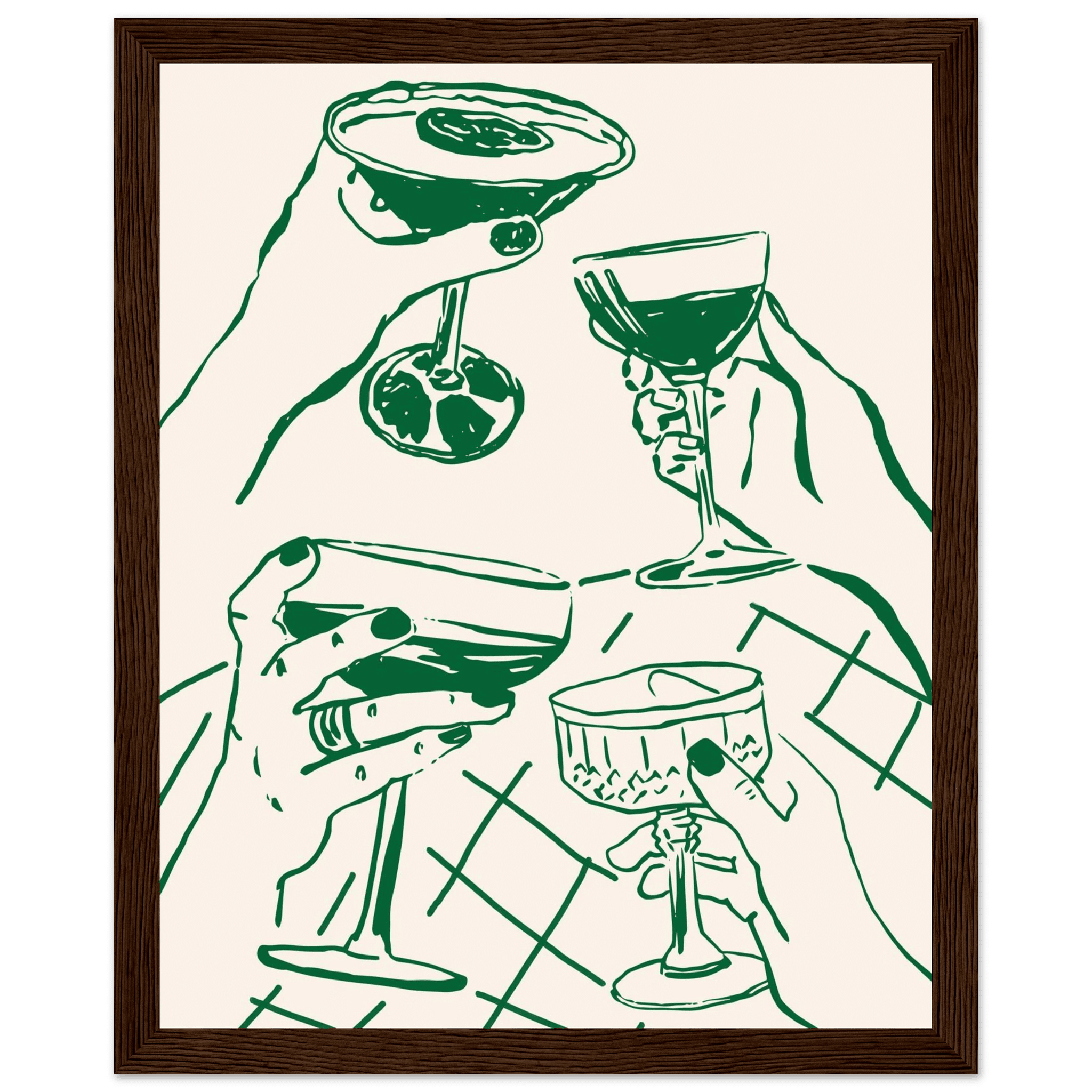 Cheers Print | Forest Green Cocktail Glasses Wall Art | Kitchen Bar Poster - Evergreen Posters
