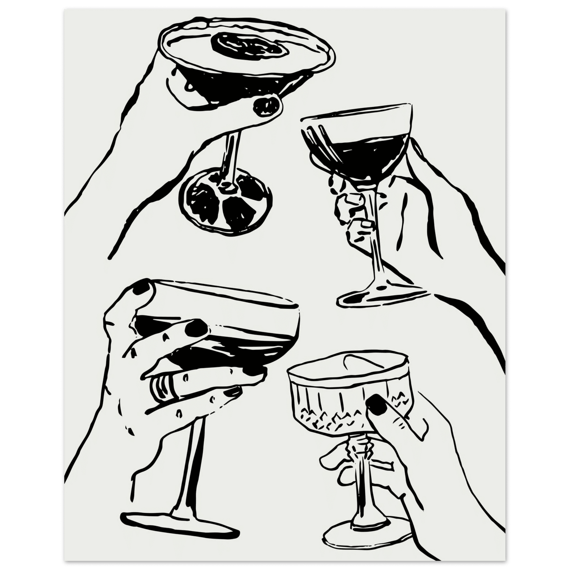 Cheers Print | Black Line Art Cocktail Glasses Wall Art | Kitchen Bar Poster - Evergreen Posters