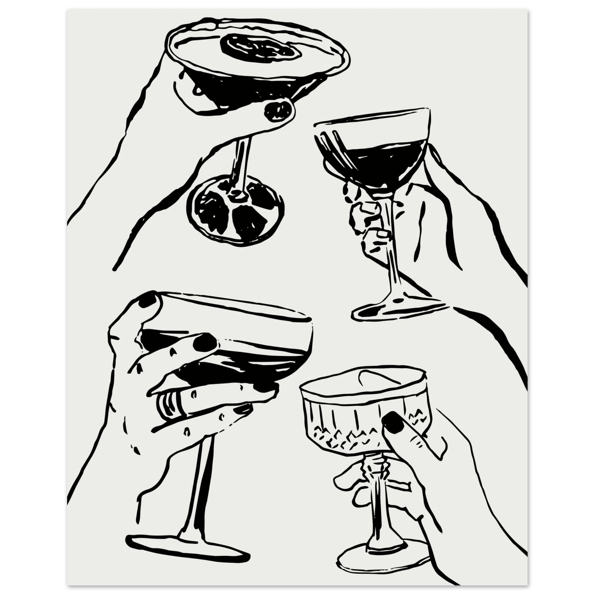 Cheers Print | Black Line Art Cocktail Glasses Wall Art | Kitchen Bar Poster - Evergreen Posters