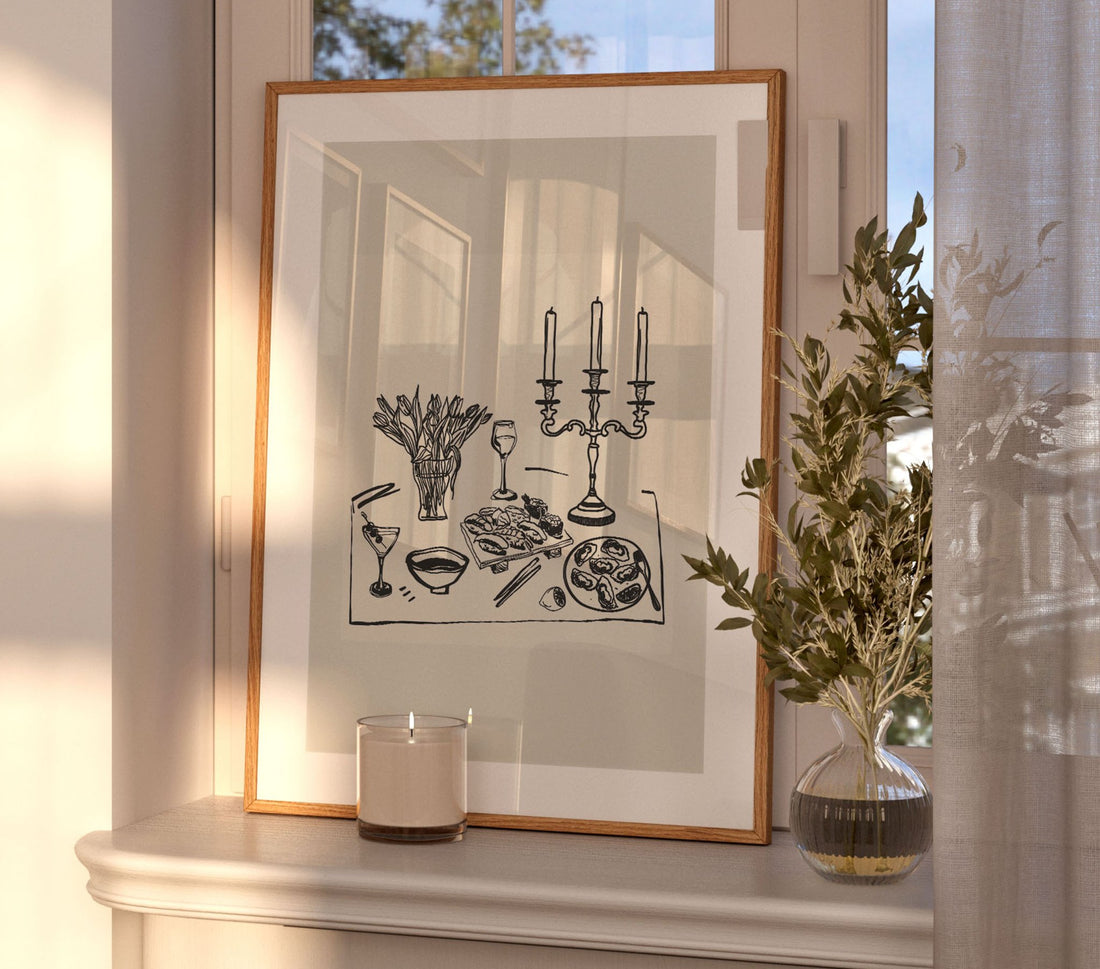 Fine Dining Table Print | Black Line Art Kitchen Wall Art | Elegant Dining Room Poster - Evergreen Posters