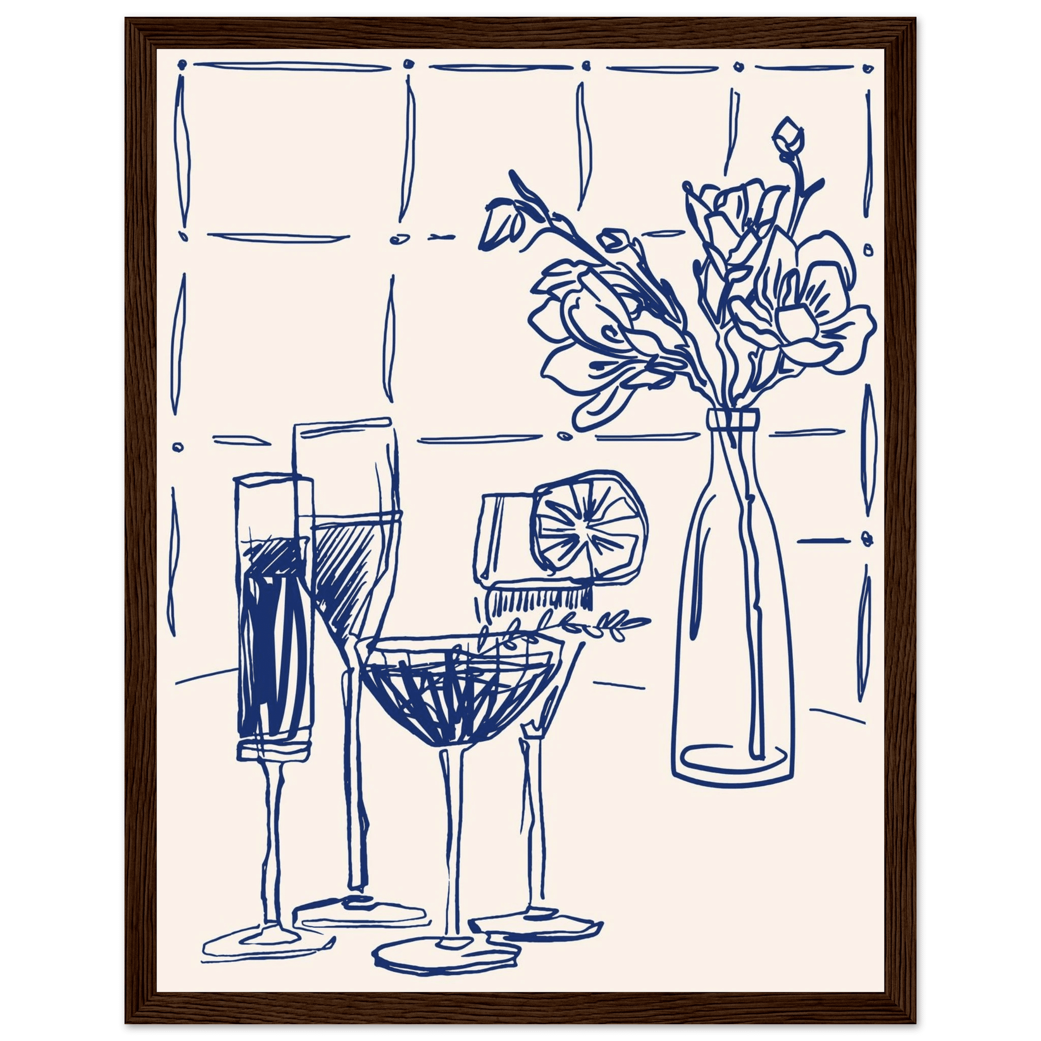 Cocktails & Flowers Print | Navy Blue Line Art Drinks Wall Art | Kitchen Bar Poster - Evergreen Posters