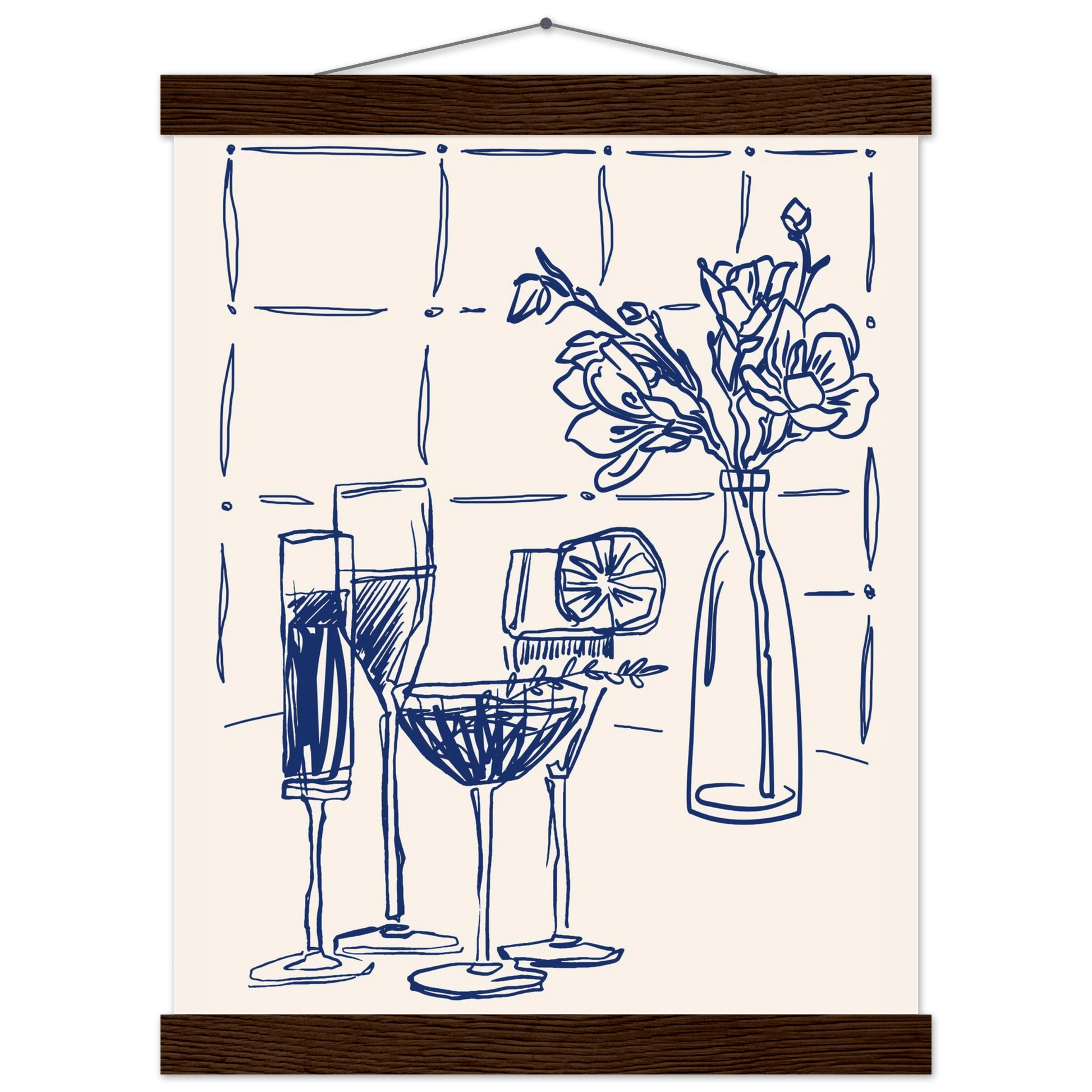 Cocktails & Flowers Print | Navy Blue Line Art Drinks Wall Art | Kitchen Bar Poster - Evergreen Posters