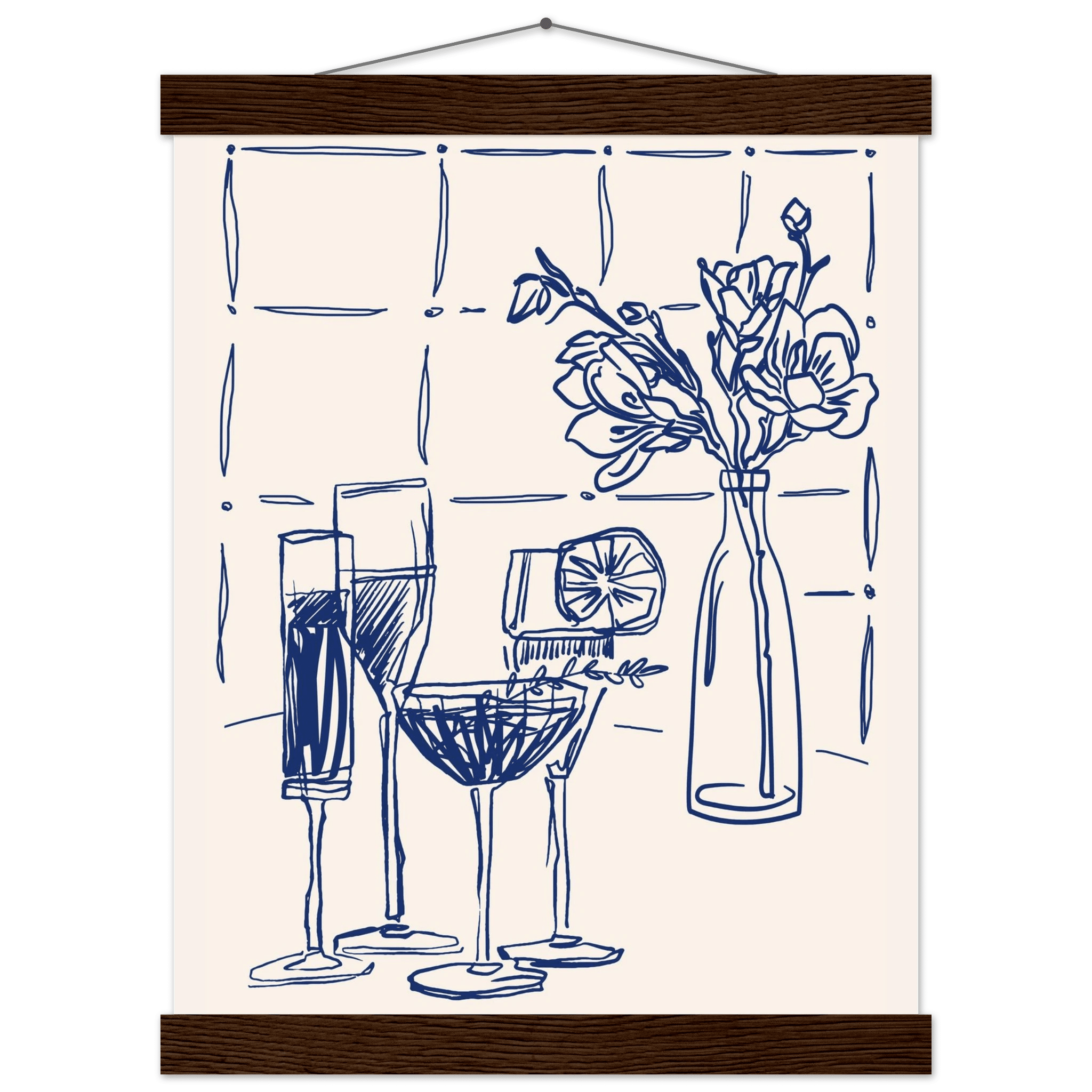 Cocktails & Flowers Print | Navy Blue Line Art Drinks Wall Art | Kitchen Bar Poster - Evergreen Posters