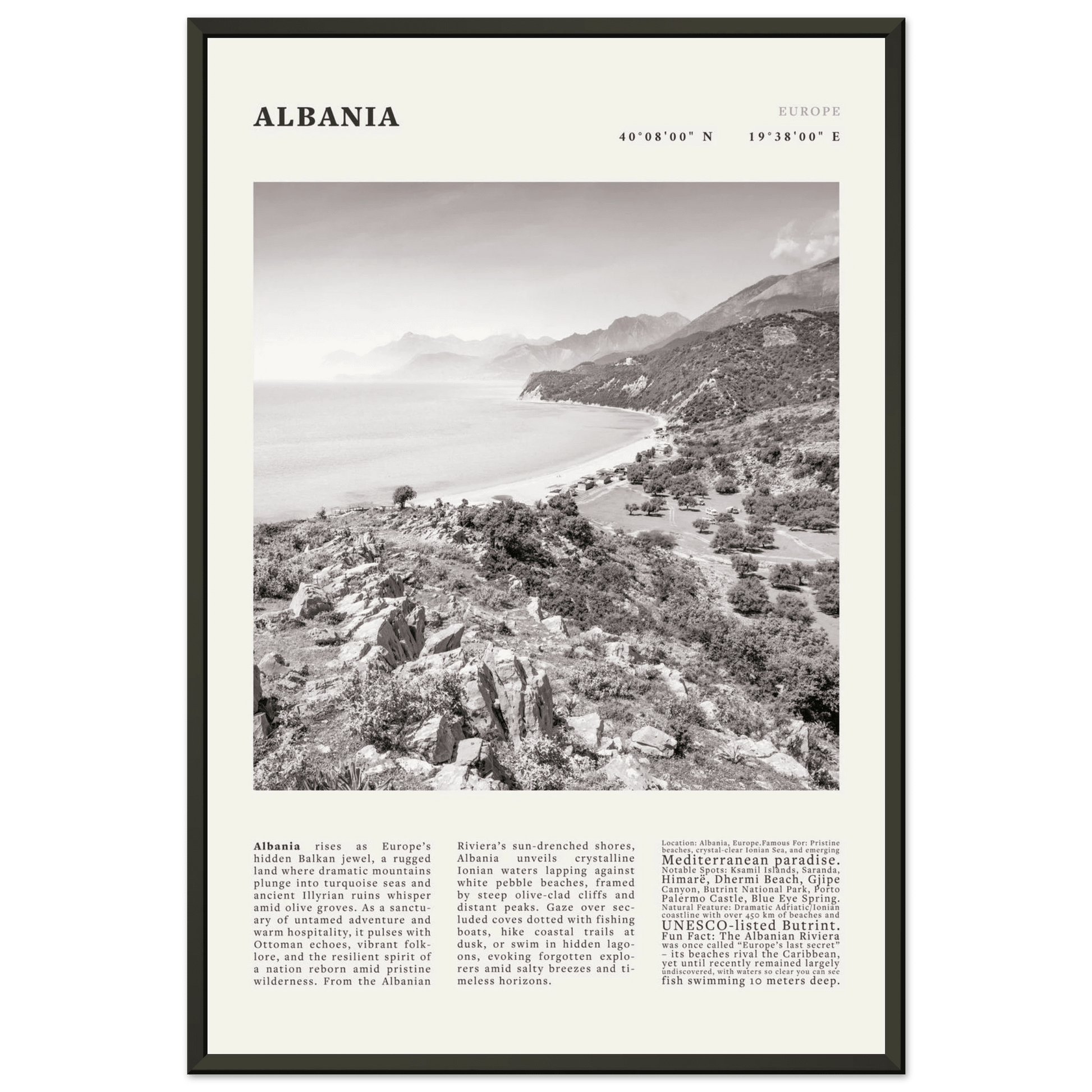 Albania Poster Black and White – Vintage Albanian Riviera Travel Print (Digital & Printed Options) - Evergreen Posters