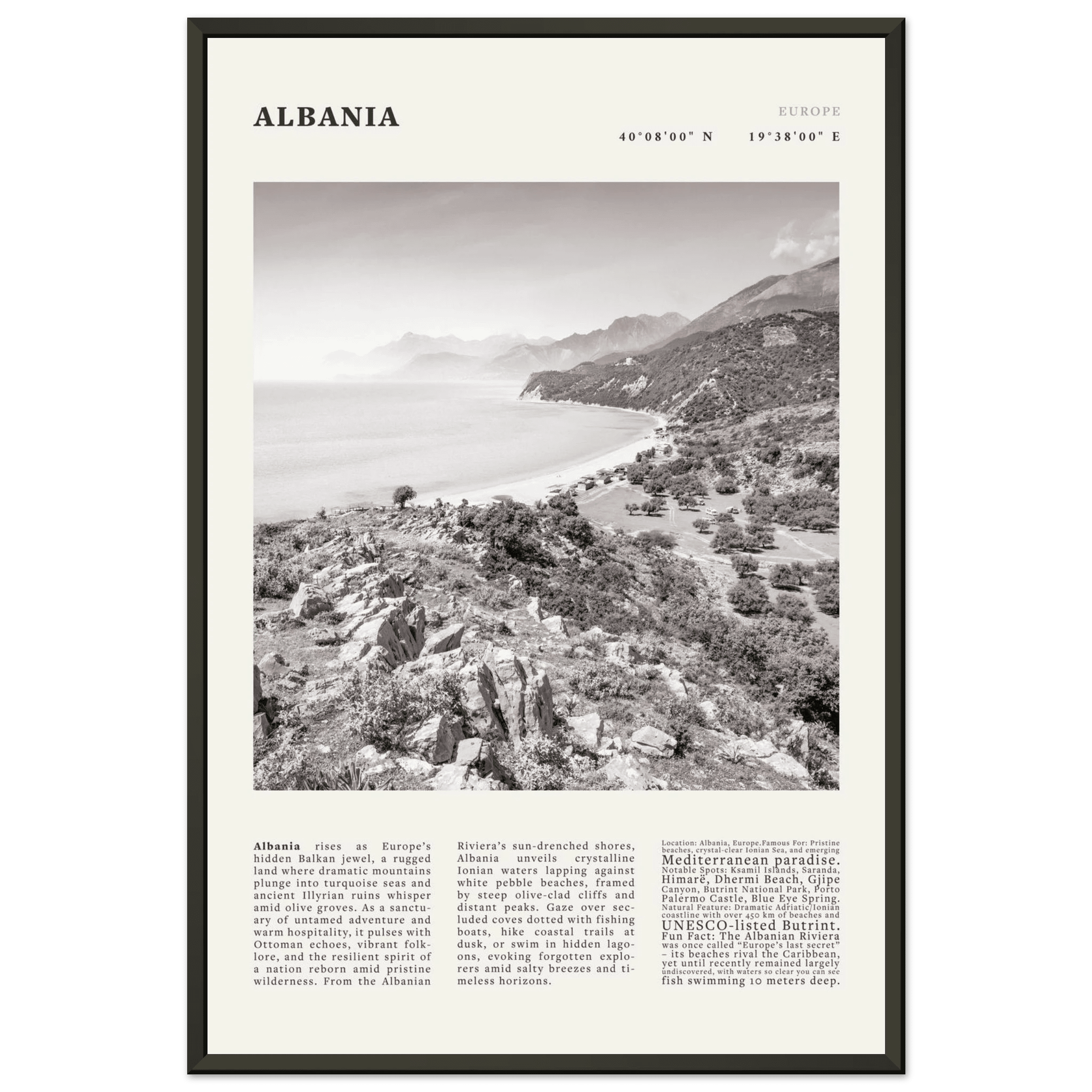 Albania Poster Black and White – Vintage Albanian Riviera Travel Print (Digital & Printed Options) - Evergreen Posters