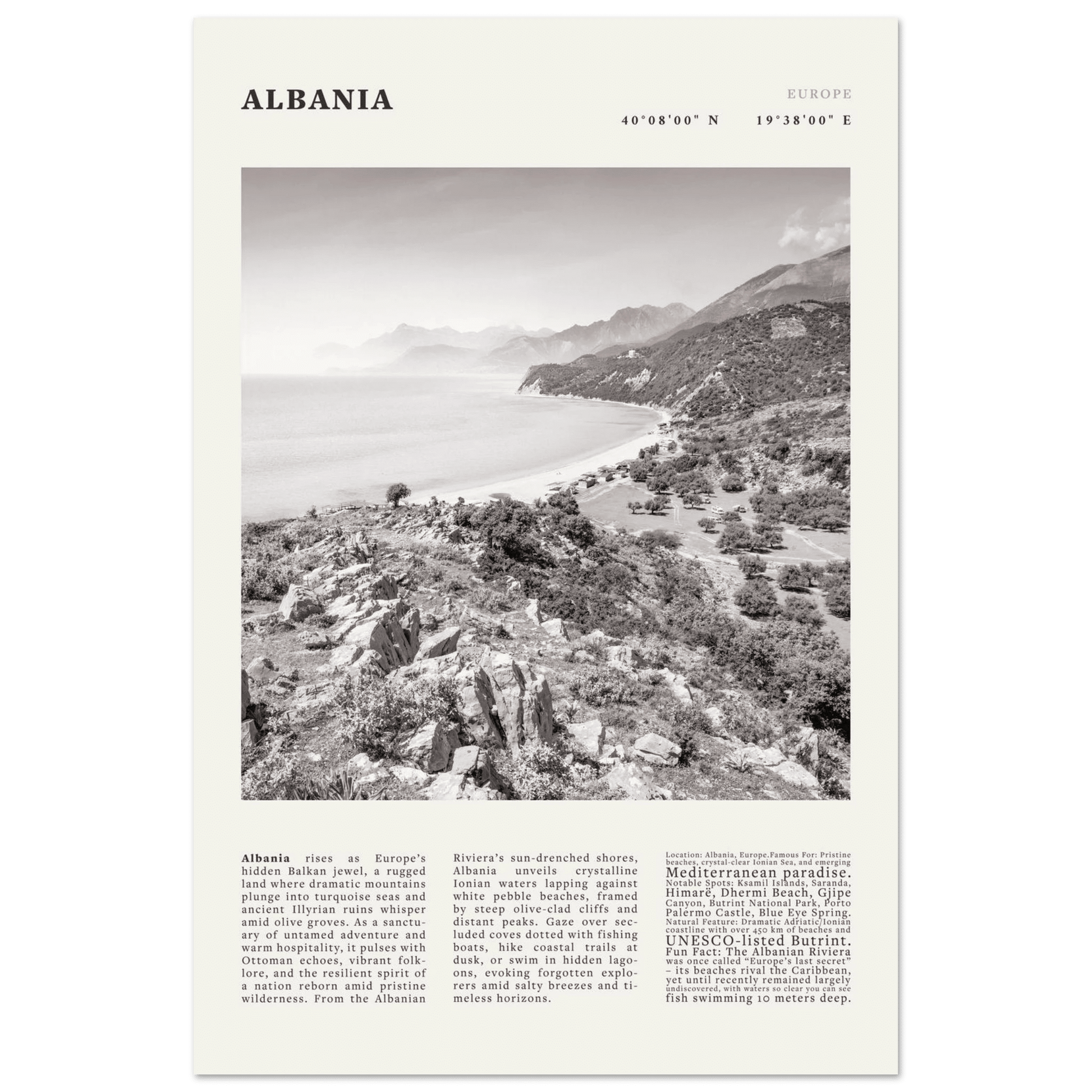 Albania Poster Black and White – Vintage Albanian Riviera Travel Print (Digital & Printed Options) - Evergreen Posters