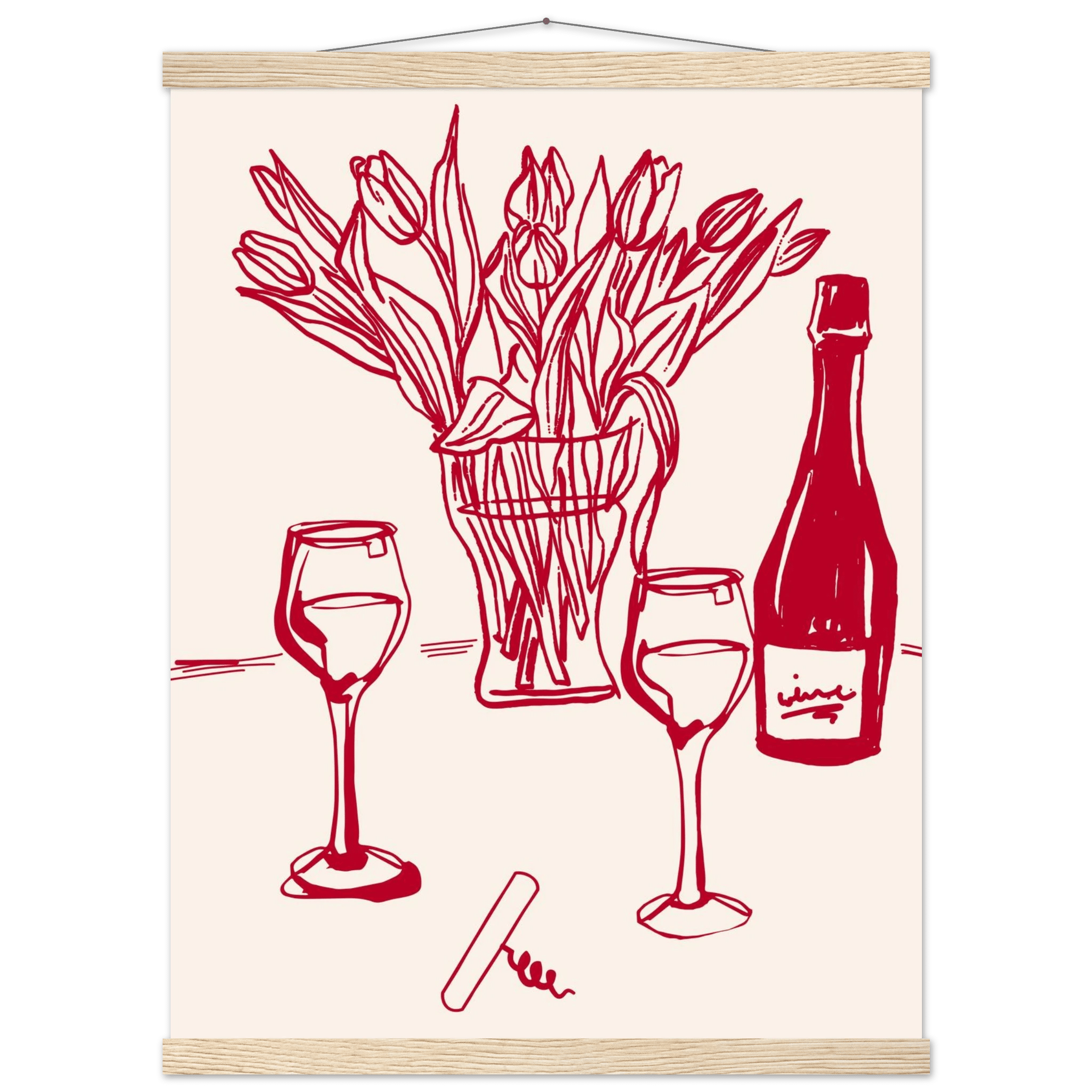 Red Wine & Tulips Print | Line Art Wine Bottle Wall Art | Kitchen Poster - Evergreen Posters
